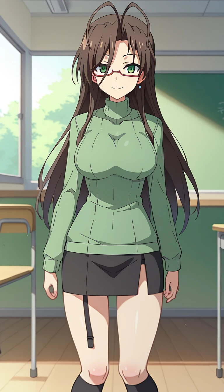 score_9、score_8_up、score_7_up、source_anime、、Hasegawa Chisato、 mature woman、 1 girl、Shut your mouth、Smile lightly、 brown hair 、 green eyes、 hair like antennae 、 long hair、Semi-rimless glasses、Senri School 、White、Green Sweater、 turtleneck 、 garter strap 、 black knee socks、 black skirt、 pencil skirt 、 looking at the viewer 、 cowboy shot 、 I'm putting my hand on my waist、indoor、classroom