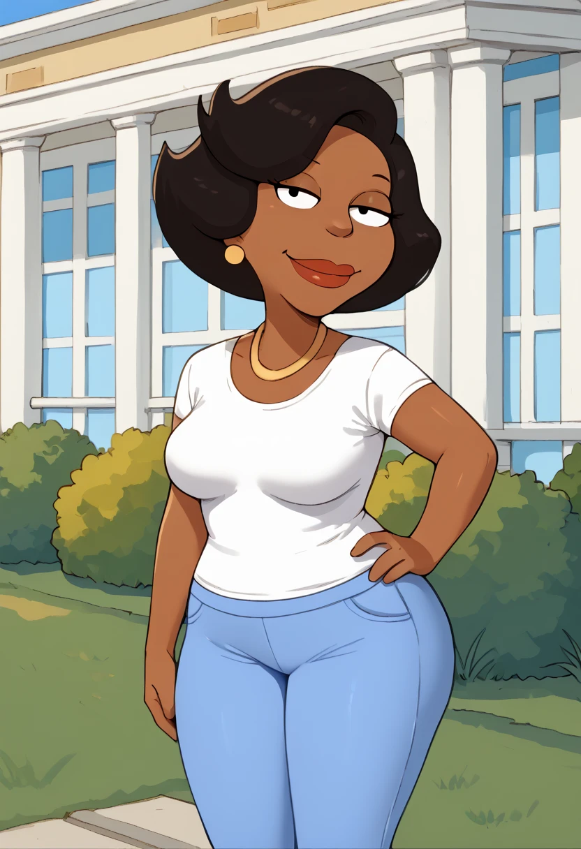 donna, dark skin, black hair, dark-skinned female, 1girl, jewelry, earrings, short hair, solo, necklace, flat color, shirt, white shirt, lipstick, pants, blue pants, mature female  smile, outdoors, looking at viewer, hand on own hip,, score_9, score_8_up, score_7_up, score_6_up, score_5_up, score_4_up