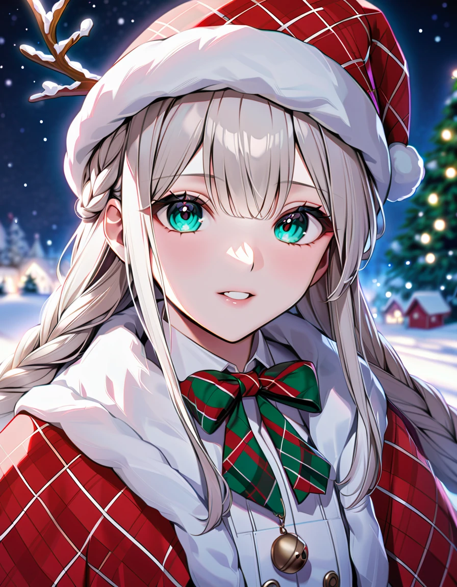 (In 8K, Best Quality, Master Piece: 1.2), Ultra High Resolution,1 girl,16yo,,ultra-detailed face,detailed eyes,emerald greeneyes,gradient eyes,lash extension,platinum hair,braids,red Argyle Check Santa costume,red Argyle cape,the costume with holly,(= =:1.4),with friendly reindeer,walking, cowboy shot,looking at viewer,night,1 christmas tree,snow,snowman,Powder-Snow-covered Field