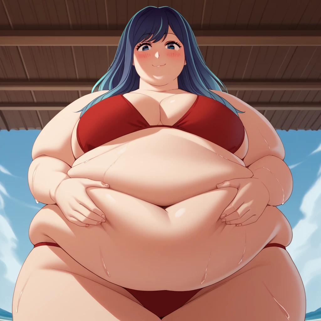 score_9, score_8_up, score_7_up, 1girl,solo,mm,mature female, source_anime, akane kurokawa, long hair, bangs, blue eyes, bikini, cowboy shot, summer,beach,wet,looking at viewer, smile,outdoors
,masterpiece,best quality,amazing quality,bulging belly, fat, chubby, obese, absurdres, highres icon, rating:General, blush, portrait, pov hands, hand on another's belly, averting eyes, [looking away], straight-on, from below, swollen face, masterpiece, best quality, ultra-detailed, high resolution, 8K, large breasts, black hair, blue hair, multicolored hair, gradient hair,, red bikini,, bed room, bed, fast food,, horny smiling, looking at viewer, hands on own belly,, solo,, cowboy shot, dutch angle, big boobs, masive boobs