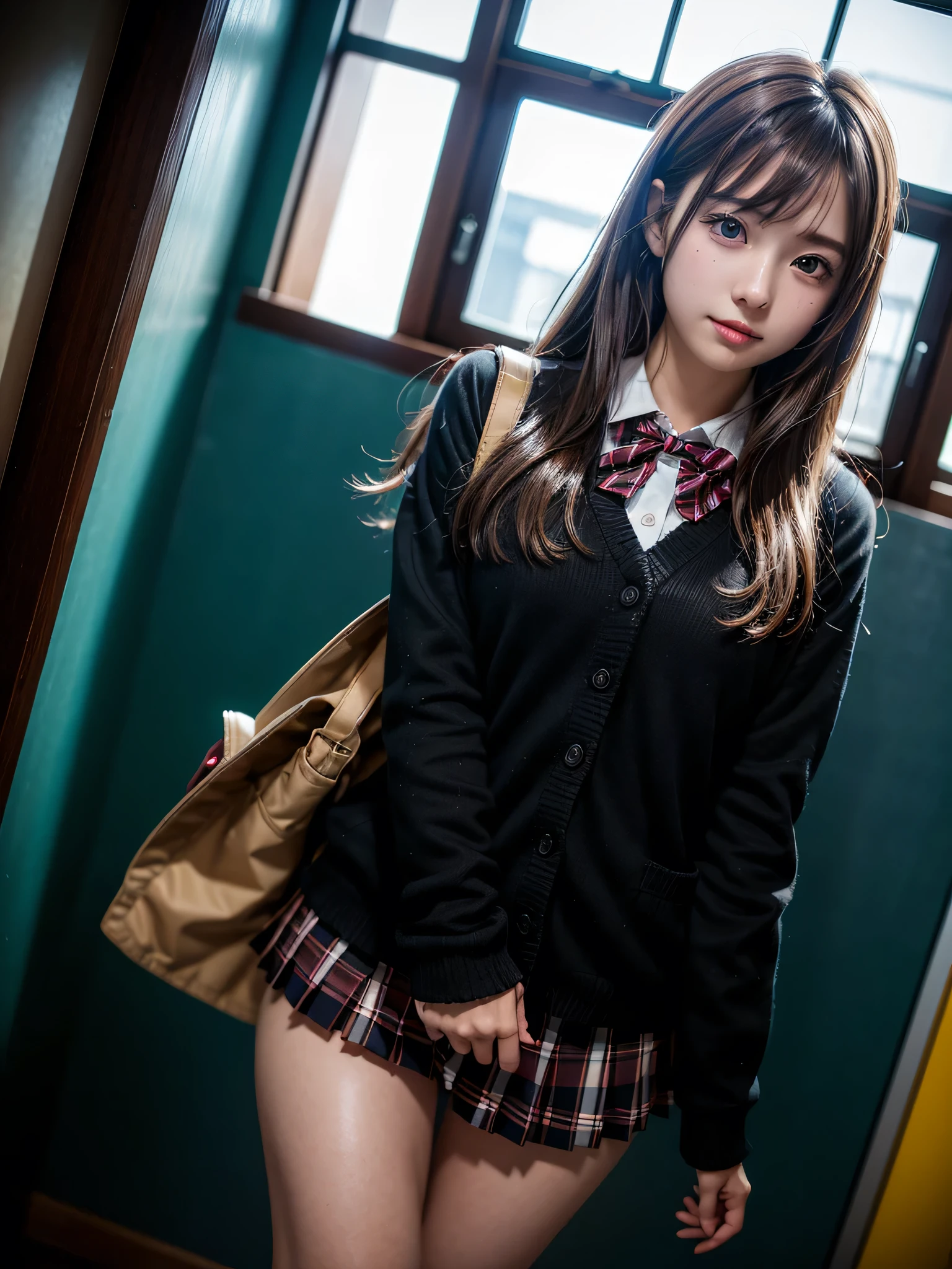 ((solo)), ((1 girl)), Panties Small、hallway、school, school field, ((Embarrassing))、1girl, brown hair, long hair, bangs, brown eyes, big breasts, large breasts, red bowtie, school uniform, black jacket, open jacket, brown cardigan, white shirt, black skirt, plaid skirt, high school girl, blush, White underwear is visible, droopy eyes, shiny skin, beautiful breasts, beautiful ass, cute face, Japanese idol, real person, front view, dynamic angle, slightly smile, hands behind back,