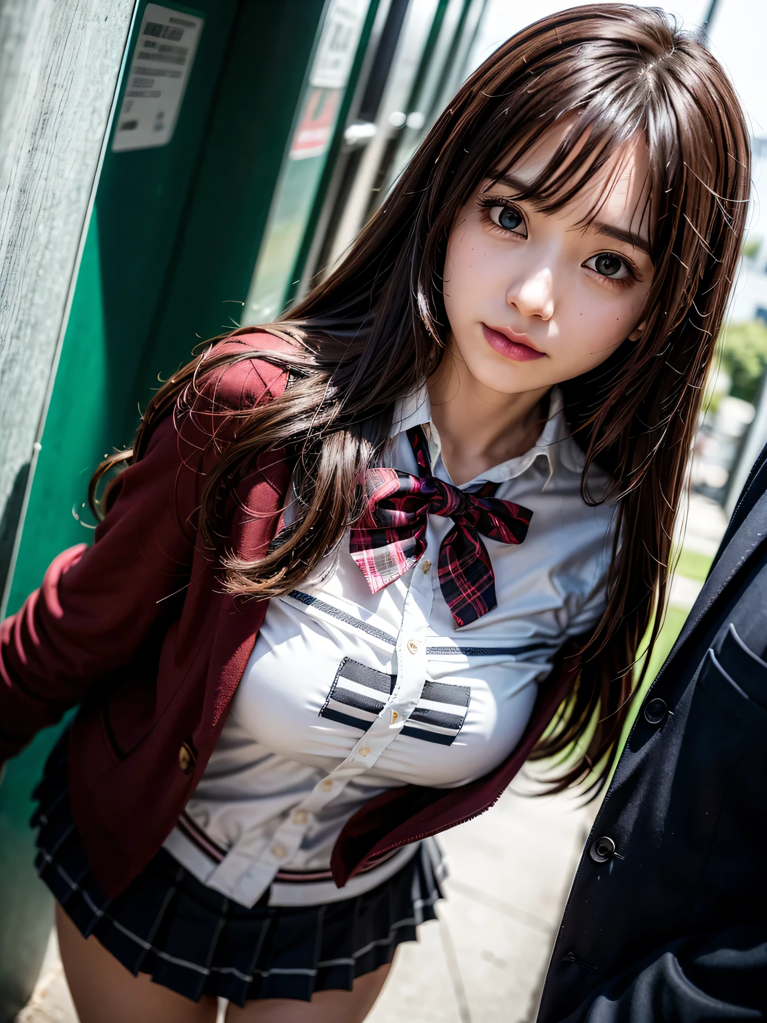 ((solo)), ((1 girl)), Panties Small、hallway、school, school field, ((Embarrassing))、1girl, brown hair, long hair, bangs, brown eyes, big breasts, large breasts, red bowtie, school uniform, black jacket, open jacket, brown cardigan, white shirt, black skirt, plaid skirt, high school girl, blush, White underwear is visible, droopy eyes, shiny skin, beautiful breasts, beautiful ass, cute face, Japanese idol, real person, front view, dynamic angle, slightly smile, hands behind back,
