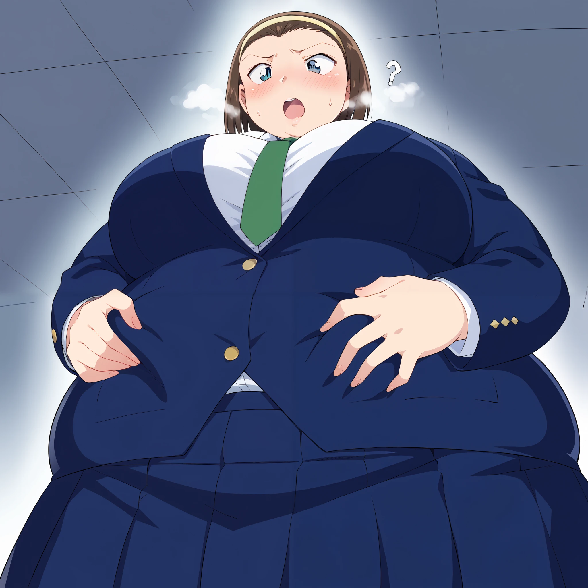 (masterpiece, best quality), 1girls, big belly, blurry background, huge belly, art by kipteitei, round belly, chubby, curvy, short cut hair, brown hair, ripped shirt, skirt, thighhighs, simple_background, gradient_background, belly bursting out of (((black school uniform))), long sleeves, enormous belly, fat belly, thicc, bigger belly, really big belly, jiggly belly, giant huge belly, big enormous belly, ((((gigantic belly)))), bloated belly, fat belly, ginormous big belly, expanding big belly, sfw, safe for work, kneeling on bed, sfw (safe for work), nobara kunisaki, (((a person out of frame is feeding her cake, the person is forcing cake into her mouth, the persons hand is shoving cake into her mouth, an arm is feeding her cake, a hand is near her mouth hand feeding her cake))), sweating, blushing, ahegao, moaning, winking, eyes squinting, (mouth open wide, tongue out)