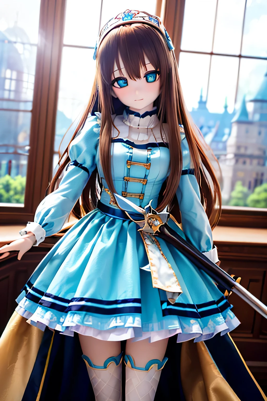 (SFW:2), photorealistic, realistic photo, 8k, Canon EOS, ((highest quality)), ((masterpiece)), (extremely detailed), dd, doll, idol dress, (mature woman, 19yo, 19 years old, solo, castle:1.6), (from front, prepare a rapier, tiara, brown hair, long hair, idol dress, thigh highs, empty eyes, blank stares, green eyes, glass eyes, shining eyes, looking at viewer, detailed face:1.3)