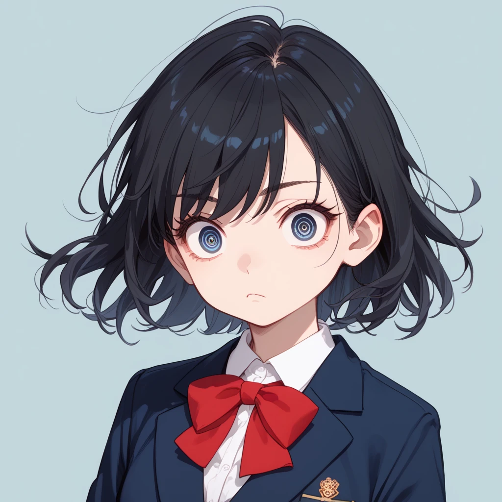   top quality, (15yo:1.0),  black hair, bright hair, medium wolf cut hair, swept bangs, school uniform, Unbreakable fingers,  top qualityの指, crazy eyes, expressionless, Dark Eyes,  blazer, Navy blue clothes,  Red Ribbons , ish, Round eyes, School,