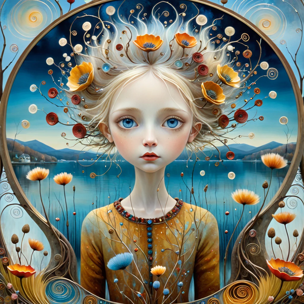 Oil and acrylic painting. In the style of Andy Kehoe and Tracy Grimwood, Catrin Welz-Stein, Klimt. Close-up shot, a blue-eyed blond girl stands in a lakeside harbor in a fishing village on an autumn afternoon. Twisted trees, clear blown glass branches expanding toward the sky in ellipses. Dandelion flowers, poppies, pampas grass, cherry blossoms, dried blossoms in bloom. Polychromatic disc-shaped sun buds with marbled spirals, sun rays like filaments of coral, vitrified ambers. Warm colors, ochre yellows, browns, shades of blue, reds. Translated with DeepL.com (free version)
