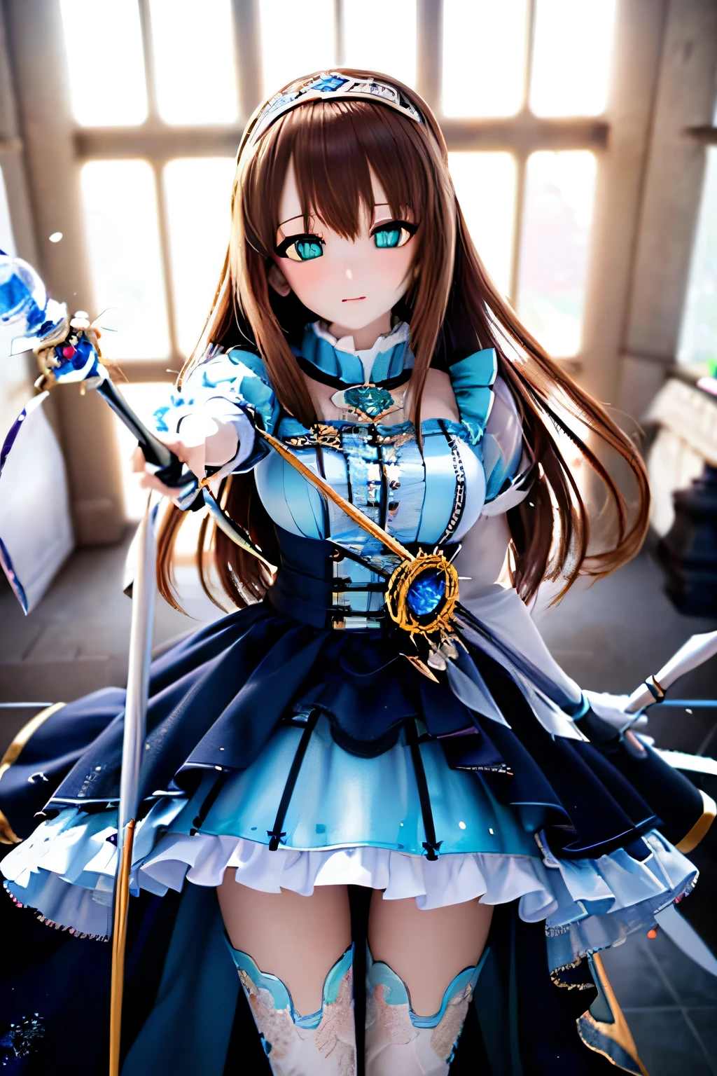 (SFW:2), photorealistic, realistic photo, 8k, Canon EOS, ((highest quality)), ((masterpiece)), (extremely detailed), dd, doll, idol dress, (mature woman, 19yo, 19 years old, aiming a rapier at above, solo, castle:1.6), (from front, tiara, brown hair, long hair, idol dress, thigh highs, empty eyes, blank stares, green eyes, glass eyes, shining eyes, looking at viewer, detailed face:1.3)