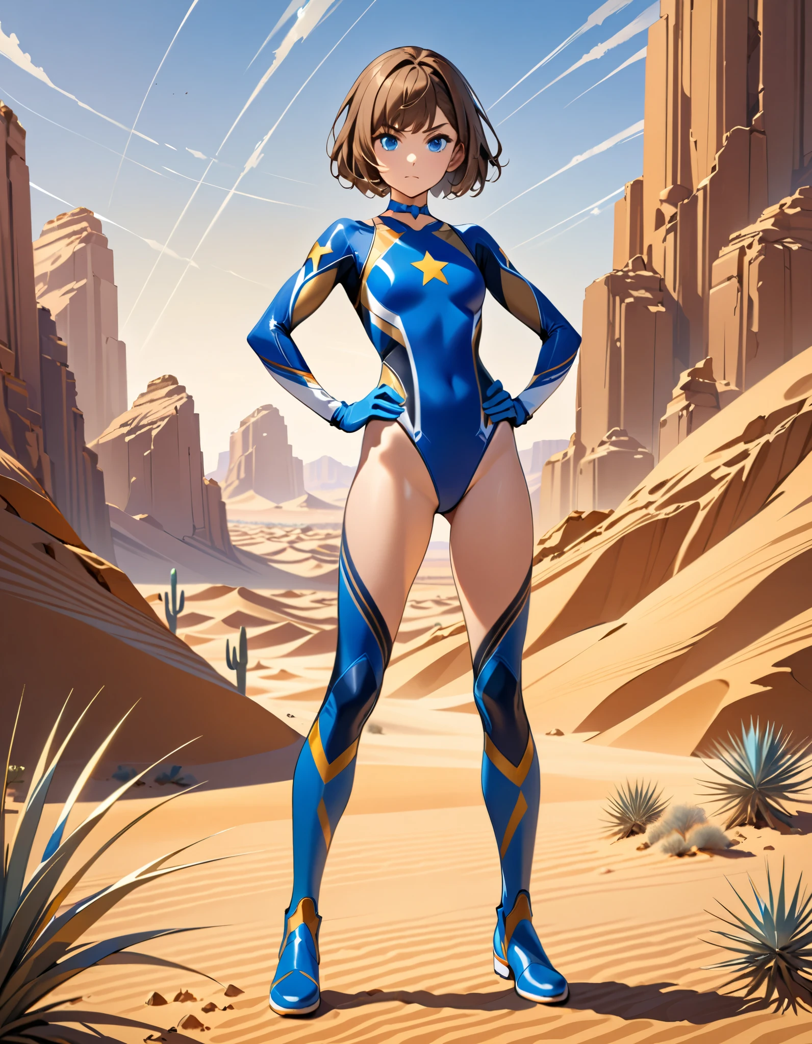 (masterpiece), (best quality), (high res), highly detailed, professional, 1girl, tall body, wonder, superhero, blue choker, blue eyes, blue footwear, blue gloves, matching boots, (blue leotard, competition swimsuit, elastic sleeves), medium breasts, brown hair, knee boots, short hair, bob hair, solo, determined, serious, full body, college-age female, cowboy shot, full body costume design. desert backdrop. ((T-pose with legs together)). (spins fast in place like a tornado, whirls fast in place like a tornado, tornado whirling, (spiral lines around her), spinning energy pulse around her, storm winds around her, whirls into a tornado, (she whirls) in (super speeds)). full body costume design. curved sword slash. she super-spins.