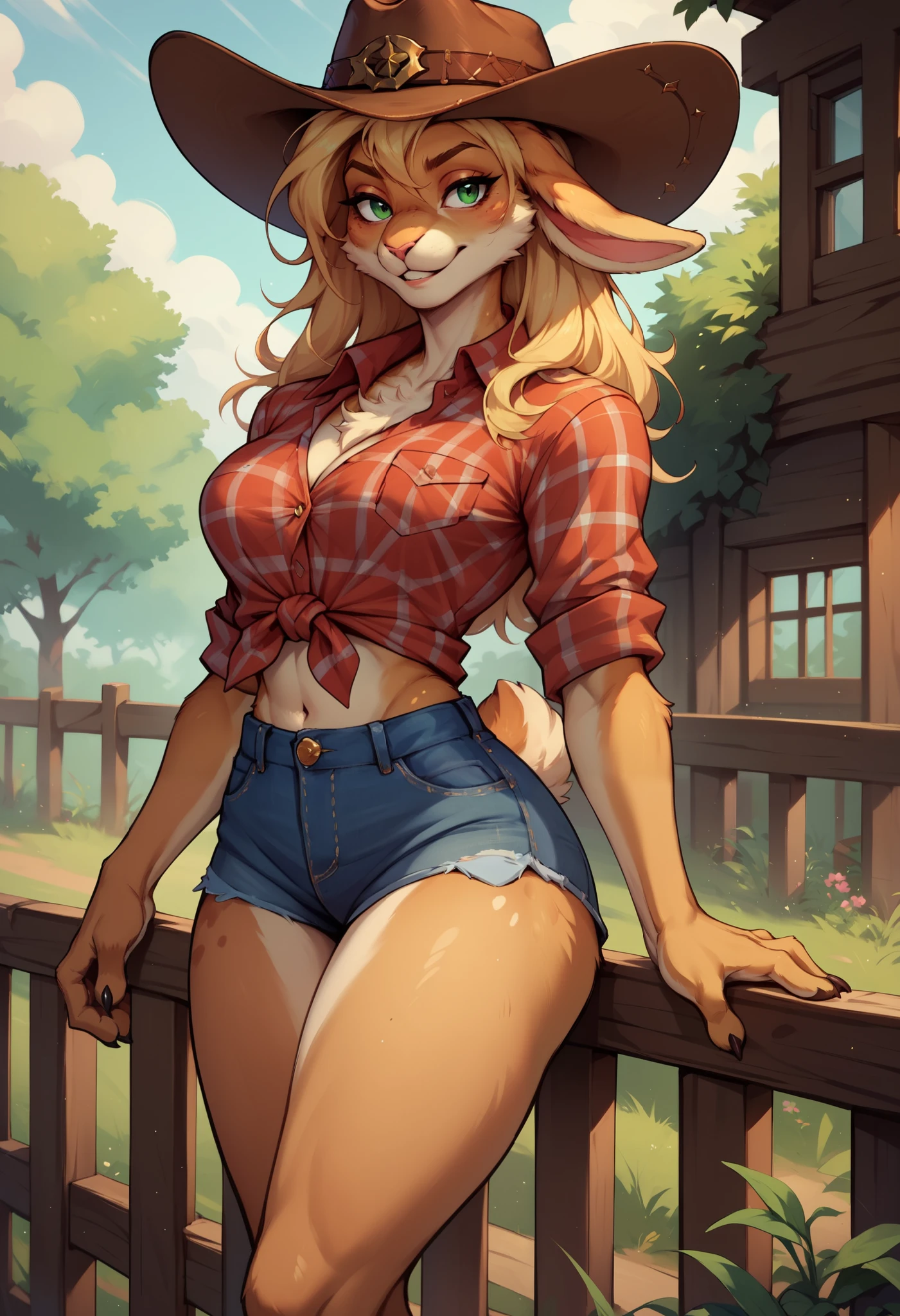 masterpiece, best quality, 1girl, detailed fluffy body, brown body,body freckles, furry, horse,(huge :1.3), horse ears, horse tail, focus, abs, barn, cowboy hat, large breasts, smile ,nsfw, sitting ,thigh boots, hooves,looking at viewer ,photorealistic,cum, ears through hat , detailed lighting, cinematic lighting, sunlight,