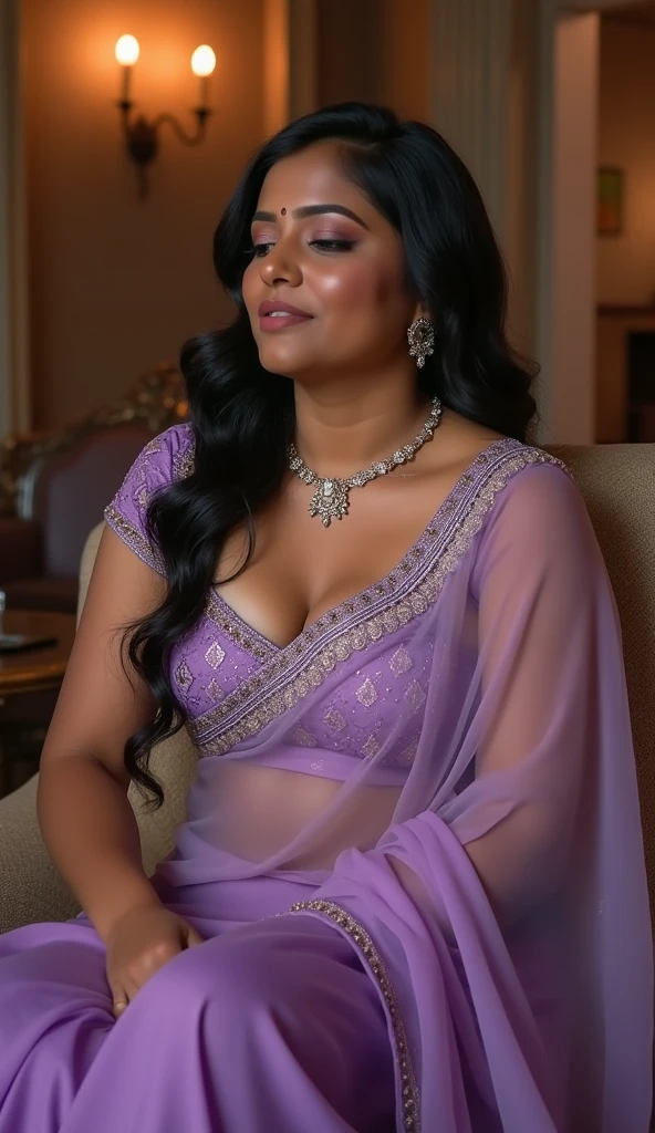 (best quality,8k,highres,masterpiece:1.2),ultra-detailed,realistic,indian woman,50 years old,full body image,glowing skin,big breasts,bun hair style,looking at viewer,beautiful detailed face,Shy smile,wearing purple v neck full length silk nighty,detailed clothing style,day time