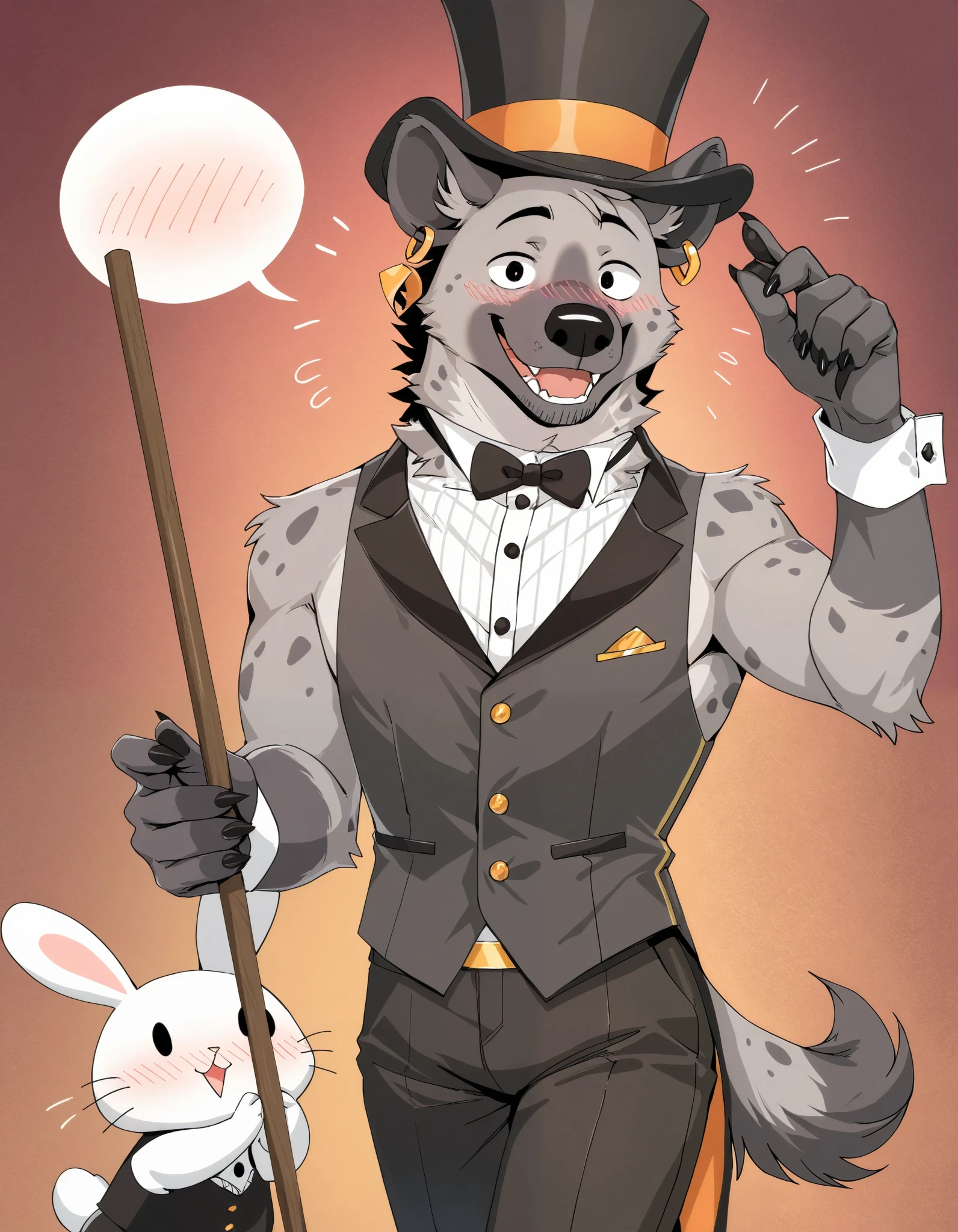 best quality,1 person、Stubble、gray spot hyena man, Grey body、masterpiece、highest quality、Wearing a top hat with rabbit ears、Blushing、smile、casino、Earrings、Walking stick、