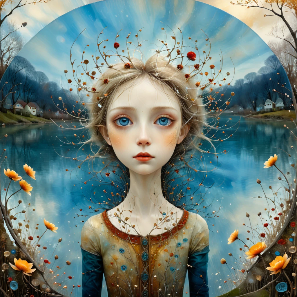 Oil and acrylic painting. In the style of Andy Kehoe and Tracy Grimwood, Catrin Welz-Stein, Klimt. Close-up shot, a blue-eyed blond girl stands in a lakeside harbor in a fishing village on an autumn afternoon. Twisted trees, clear blown glass branches expanding toward the sky in ellipses. Dandelion flowers, poppies, pampas grass, cherry blossoms, dried blossoms in bloom. Polychromatic disc-shaped sun buds with marbled spirals, sun rays like filaments of coral, vitrified ambers. Warm colors, ochre yellows, browns, shades of blue, reds. Translated with DeepL.com (free version)
