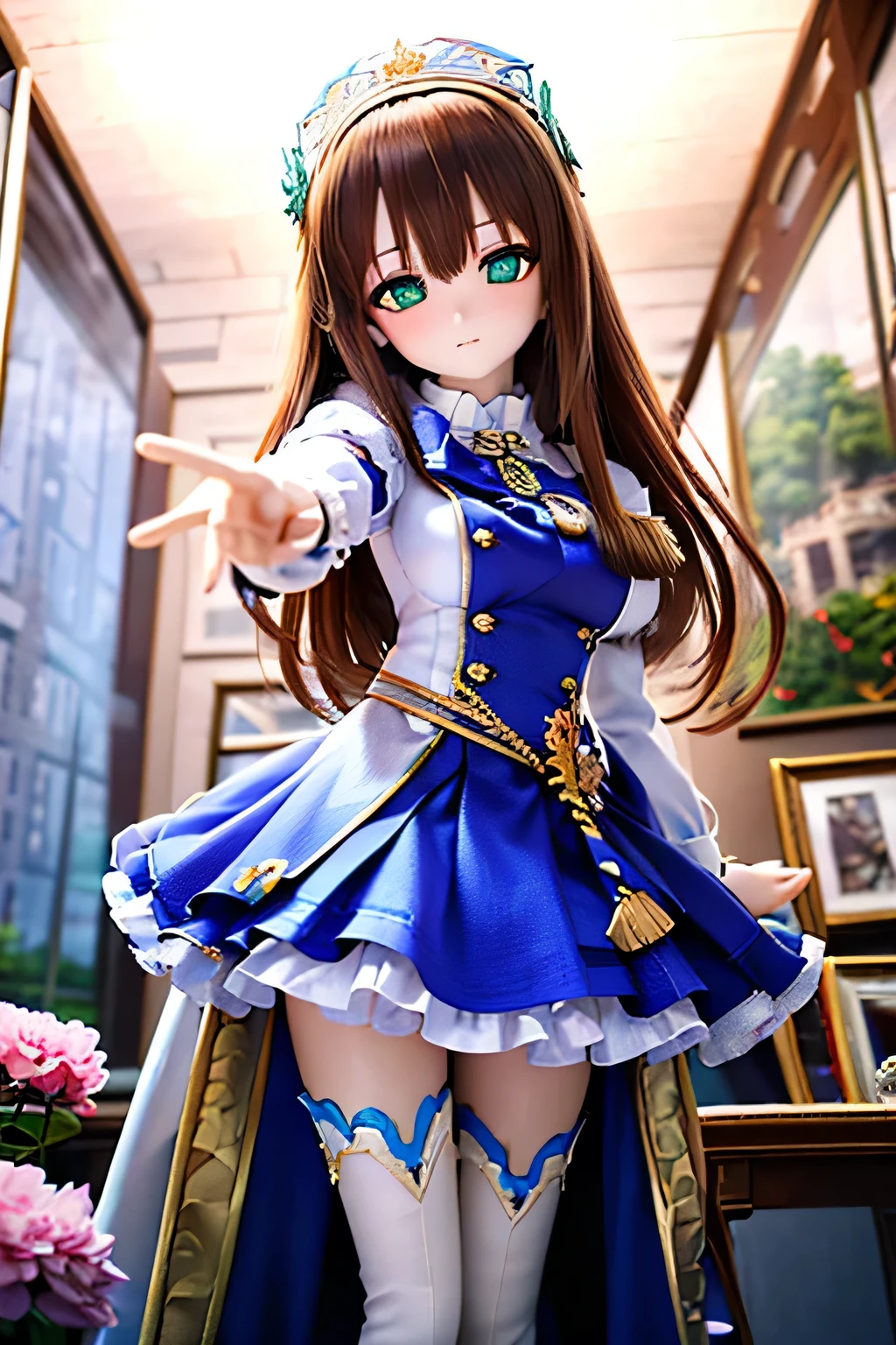 (SFW:2), photorealistic, realistic photo, 8k, Canon EOS, ((highest quality)), ((masterpiece)), (extremely detailed), dd, doll, idol dress, (mature woman, 19yo, 19 years old, aiming a thin sword at above, solo, castle:1.6), (from front, tiara, brown hair, long hair, idol dress, thigh highs, empty eyes, blank stares, green eyes, glass eyes, shining eyes, looking at viewer, detailed face:1.3)