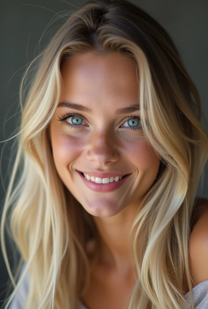 blonde long hair, slightly wavy, light blue eyes, 24yo, narrow nose, wise teeth, smiling, lightly tanned