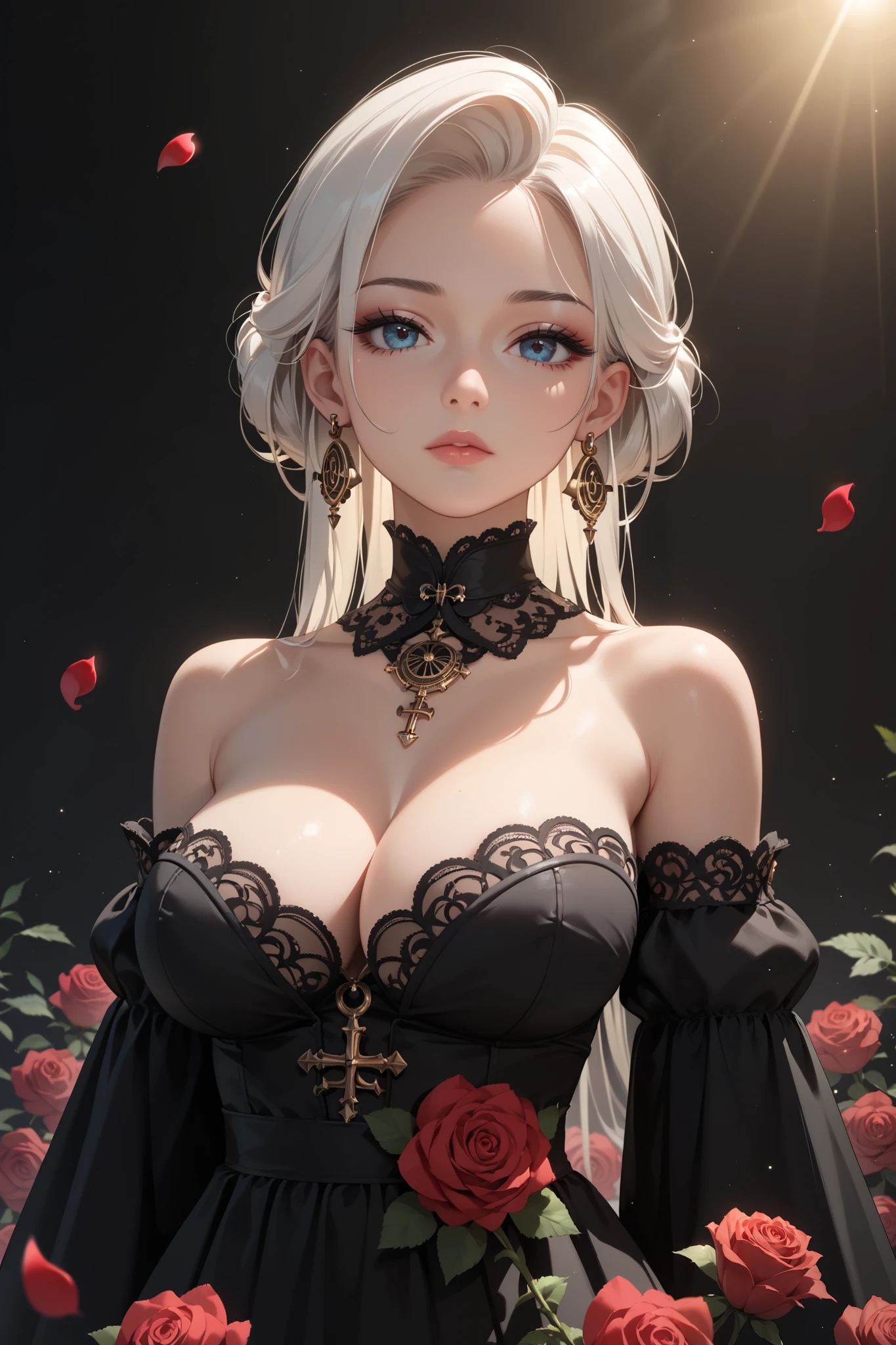 ((masterpiece)),  a beautiful woman model, (absurdres, highres, ultra detailed), backlighting, bare shoulders, tall, model, big breasts, black background, long white hair, upper dynamic angle, ornate ancient earrings, expressionless, roses, light particles, looking at viewer, off-shoulder gothic ancient boned design dress, rose petals,