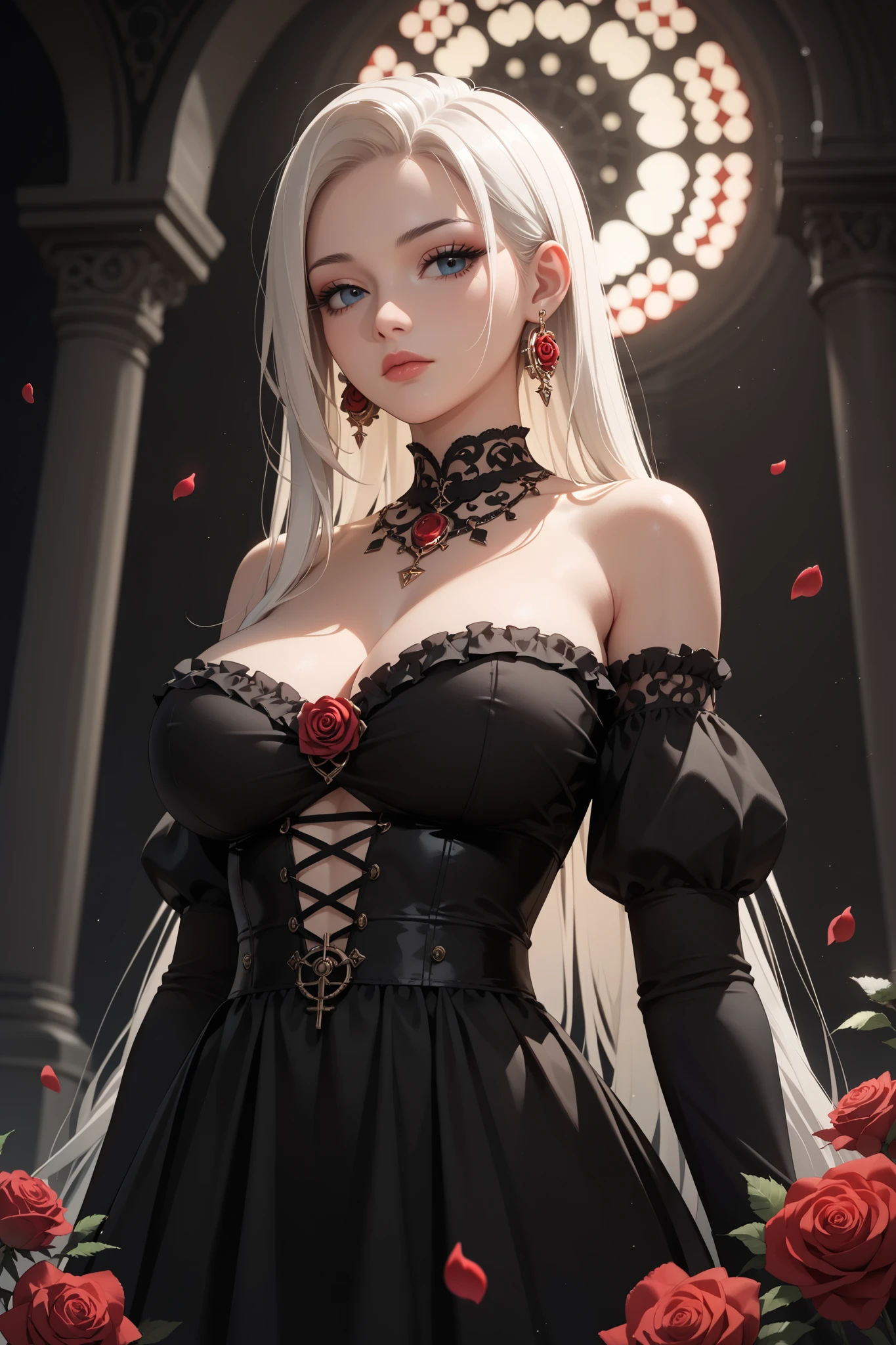 ((masterpiece)),  a beautiful woman model, (absurdres, highres, ultra detailed), backlighting, bare shoulders, tall, model, big breasts, black background, long white hair, upper dynamic angle, ornate ancient earrings, expressionless, roses, light particles, looking at viewer, off-shoulder gothic ancient boned design dress, rose petals,