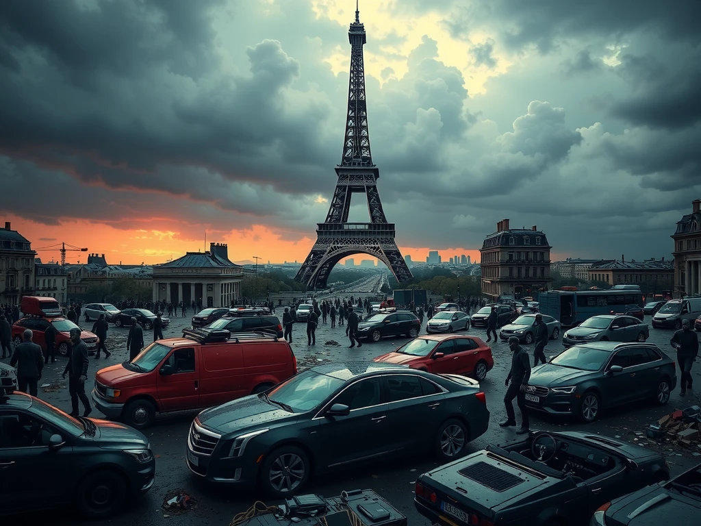 apocalypse. dark sky, grey-orange tones, everything destroyed, black zombies walking around, robed cars, looted shops View of the eiffel tower