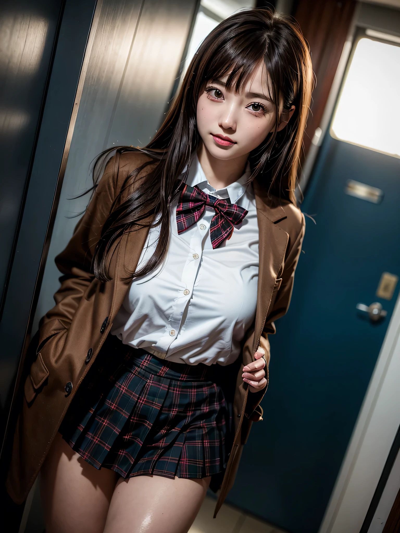((solo)), ((1 girl)), Panties Small、hallway、school, school field, ((Embarrassing))、1girl, brown hair, long hair, bangs, brown eyes, big breasts, large breasts, red bowtie, school uniform, black jacket, open jacket, brown cardigan, white shirt, black skirt, plaid skirt, high school girl, blush, White underwear is visible, droopy eyes, shiny skin, beautiful breasts, beautiful ass, cute face, Japanese idol, real person, front view, slightly smile, hands behind back,