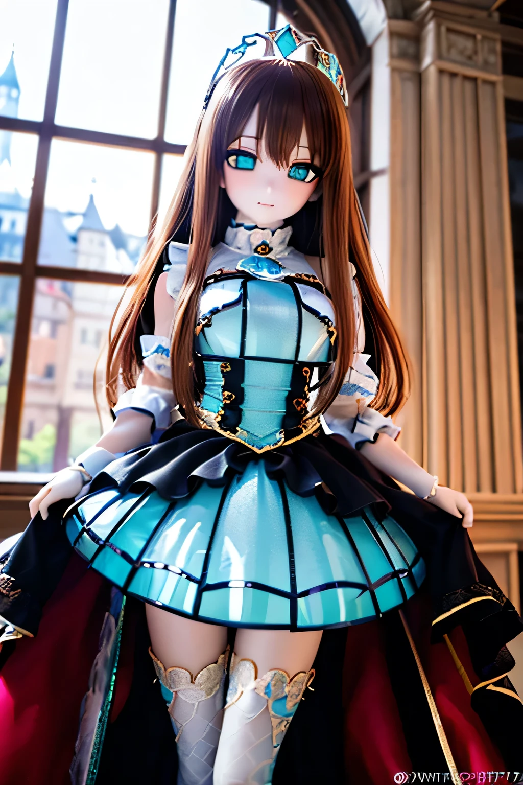 (SFW:2), photorealistic, realistic photo, 8k, Canon EOS, ((highest quality)), ((masterpiece)), (extremely detailed), dd, doll, idol dress, (mature woman, 19yo, 19 years old, solo, castle:1.6), (from front, prepare a sword, tiara, brown hair, long hair, idol dress, thigh highs, empty eyes, blank stares, green eyes, glass eyes, shining eyes, looking at viewer, detailed face:1.3)