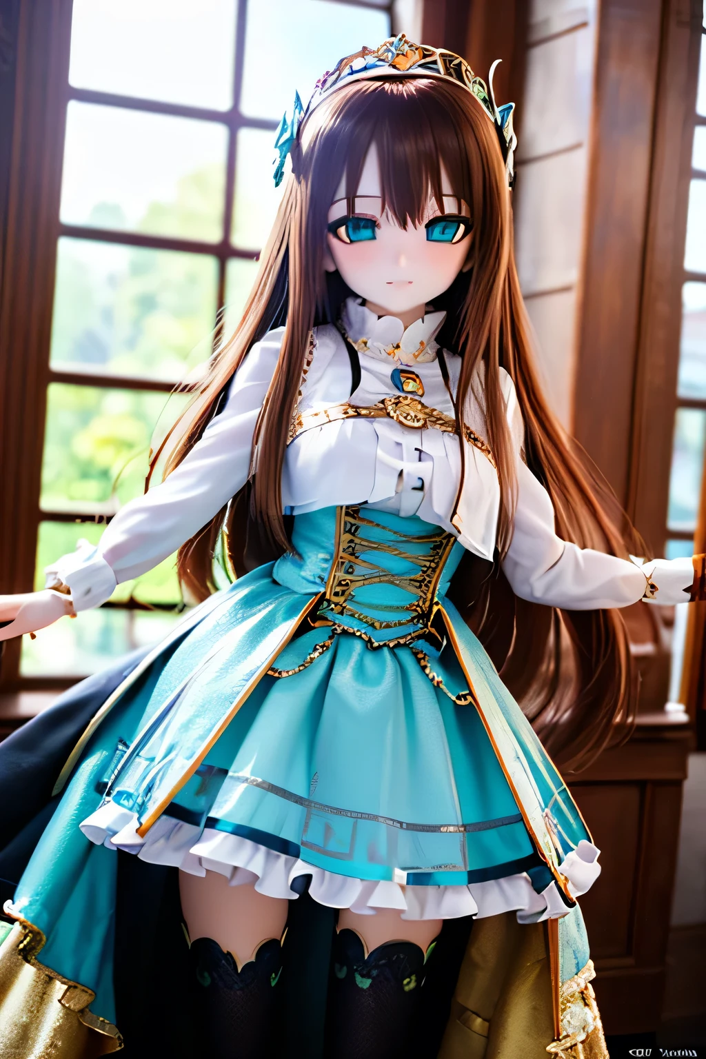 (SFW:2), photorealistic, realistic photo, 8k, Canon EOS, ((highest quality)), ((masterpiece)), (extremely detailed), dd, doll, idol dress, (mature woman, 19yo, 19 years old, solo, castle:1.6), (from front, prepare a sword, tiara, brown hair, long hair, idol dress, thigh highs, empty eyes, blank stares, green eyes, glass eyes, shining eyes, looking at viewer, detailed face:1.3)