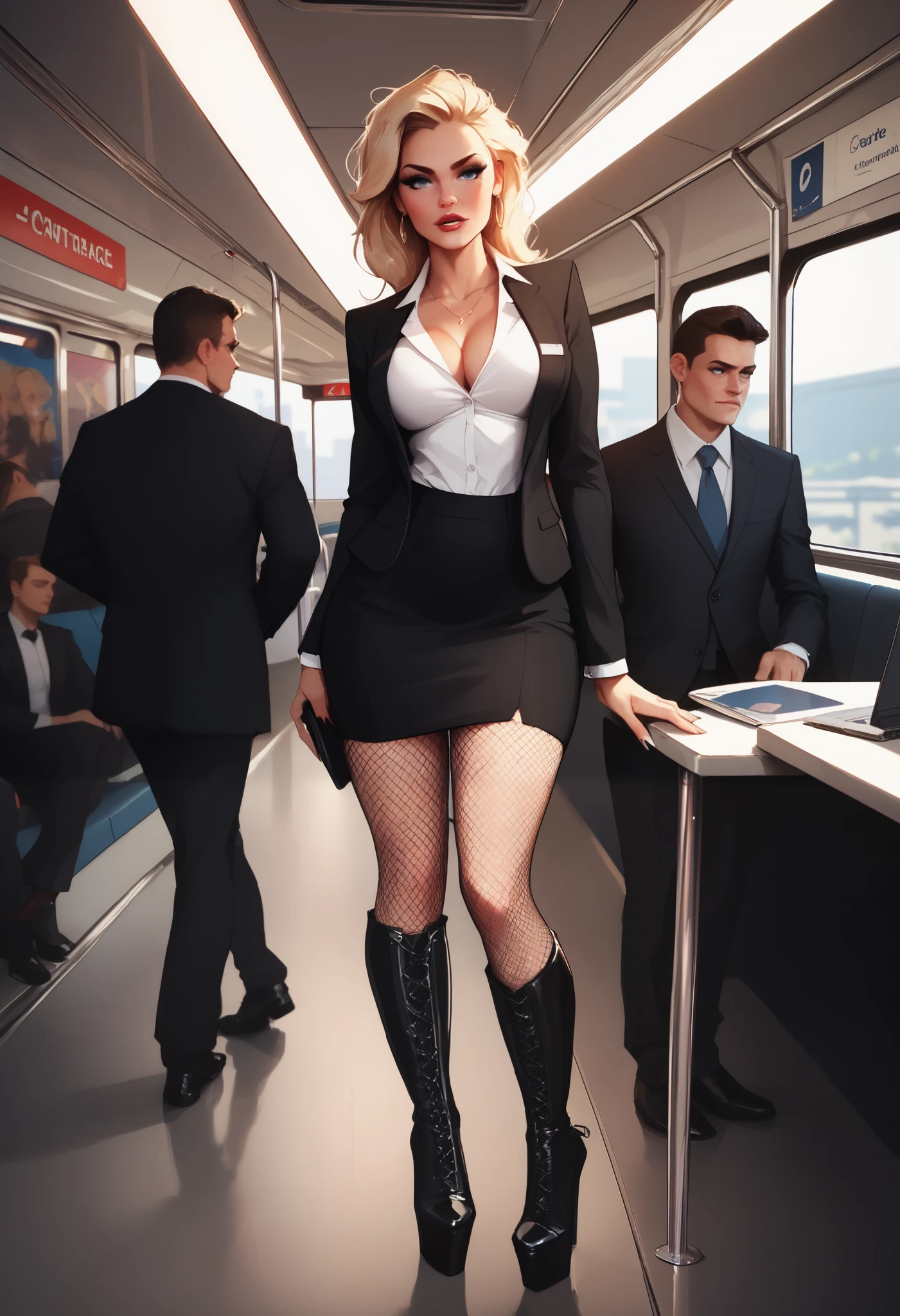 a crowded train, woman wearing an office suit, fishnet stockings, blond hair, large perky breasts, (black thigh high pumped stripper stiletto boots), men crowding around the woman, masterpiece, cinematic lighting, hyper detailed, octane render, tightly cropped, dramatic composition