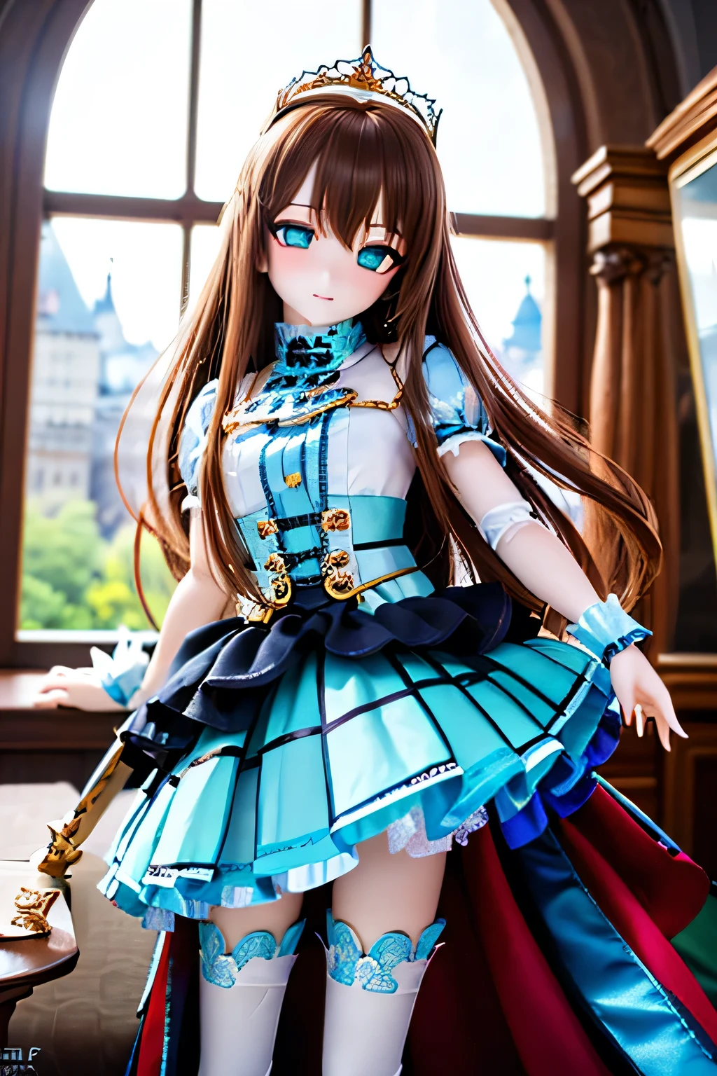 (SFW:2), photorealistic, realistic photo, 8k, Canon EOS, ((highest quality)), ((masterpiece)), (extremely detailed), dd, doll, idol dress, (mature woman, 19yo, 19 years old, solo, castle:1.6), (from front, prepare a sword, tiara, brown hair, long hair, idol dress, thigh highs, empty eyes, blank stares, green eyes, glass eyes, shining eyes, looking at viewer, detailed face:1.3)