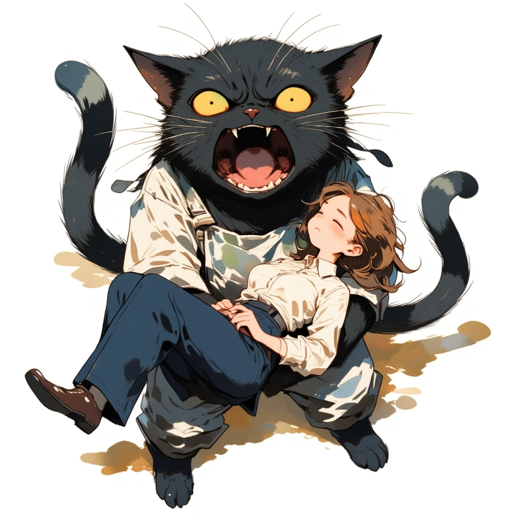 Watercolor painting illustration, full body, A big-black-cat is holding a sleeping cute-young-lady in his arms and screaming, facing upwards, A big-black-cat is 1cat\(A fat furry male black cat, wearing a white apron with long sleeves, His Ears tilted back and spread out to the sides, drooping ears, Slit yellow eyes, slit eyes, slit yellow eyes\), A cute-young-lady is 1lady\(brown hair, asymmetrical hair, Lime Green eyes, wearing an office worker's outfit with dark navy pants and white raffled shirt\), from above, simple white background