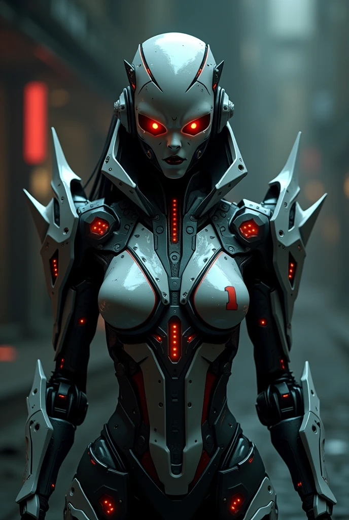 Cyborg Woman, gloweyes, mechanical body and head, wires on the head, lifeless look, Damage to the body, higly detailed, Realistic full-length photo, Color: Black and red