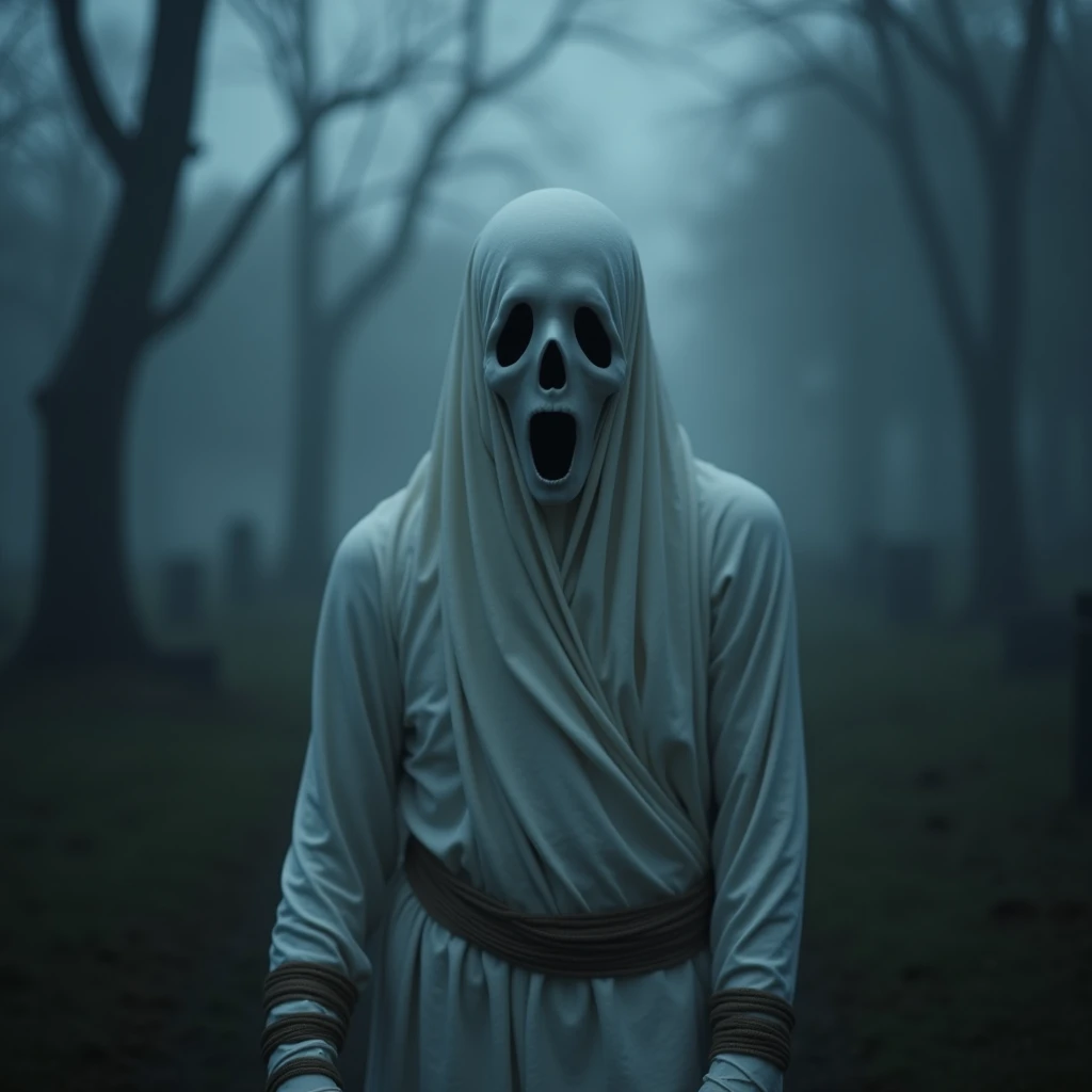 กลางแม่น้ำ very dark focused flash photo of sheetghost person at night in the wood black background