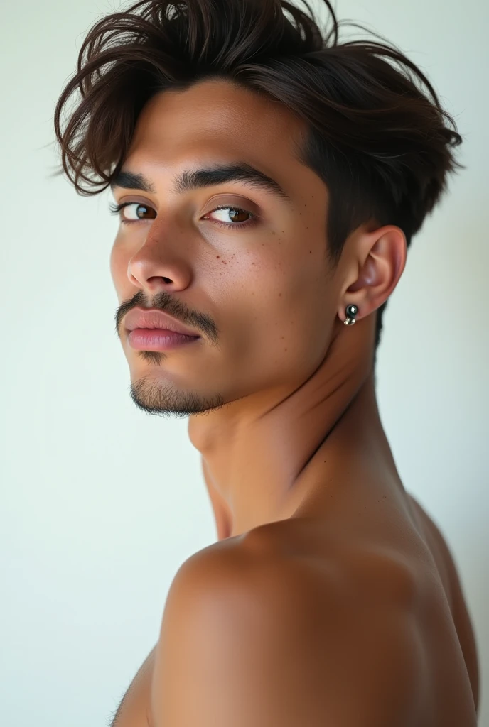 Sensual photo of a skinny guy with a thin mustache , hair styled with gel back, Light brown eyes, He is in a backyard in the favela , he is naked, He is looking sensually at the camera, homem gay sensual , have a tattoo ( 1992 ) in the neck