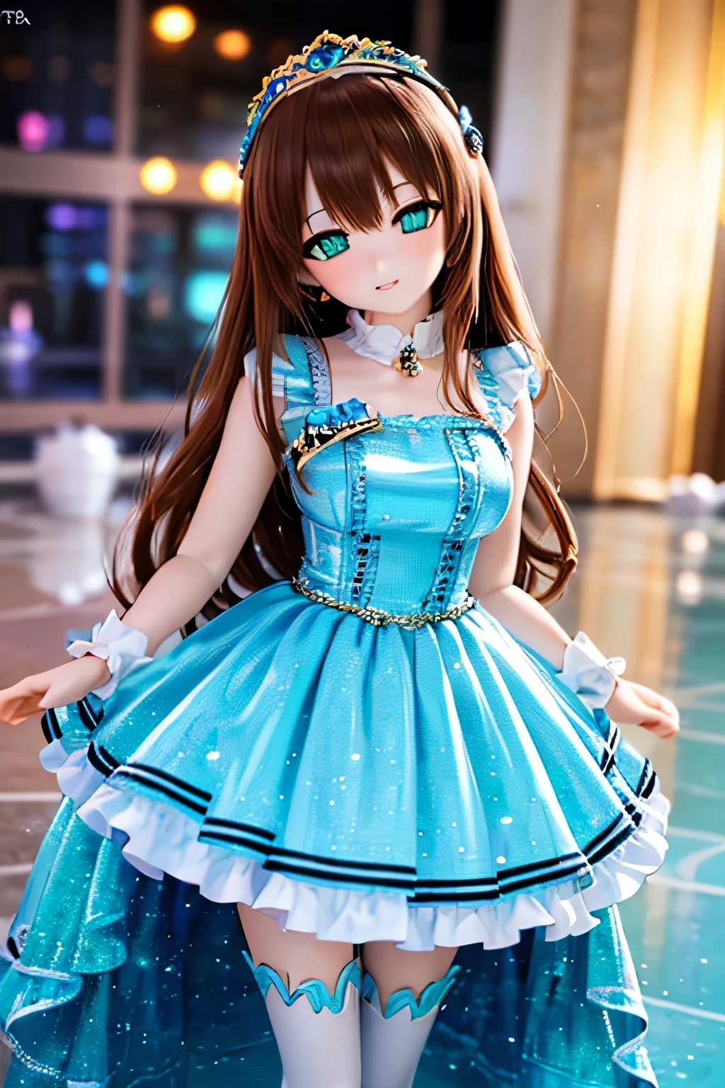 (SFW:2), photorealistic, realistic photo, 8k, Canon EOS, ((highest quality)), ((masterpiece)), (extremely detailed), dd, doll, idol dress, head tilt, (mature woman, 19yo, 19 years old, solo, ballroom:1.6), (from front, curtsy, tiara, brown hair, long hair, idol dress, thigh highs, smile, parted lips, empty eyes, blank stares, green eyes, glass eyes, shining eyes, looking at viewer, detailed face:1.3)