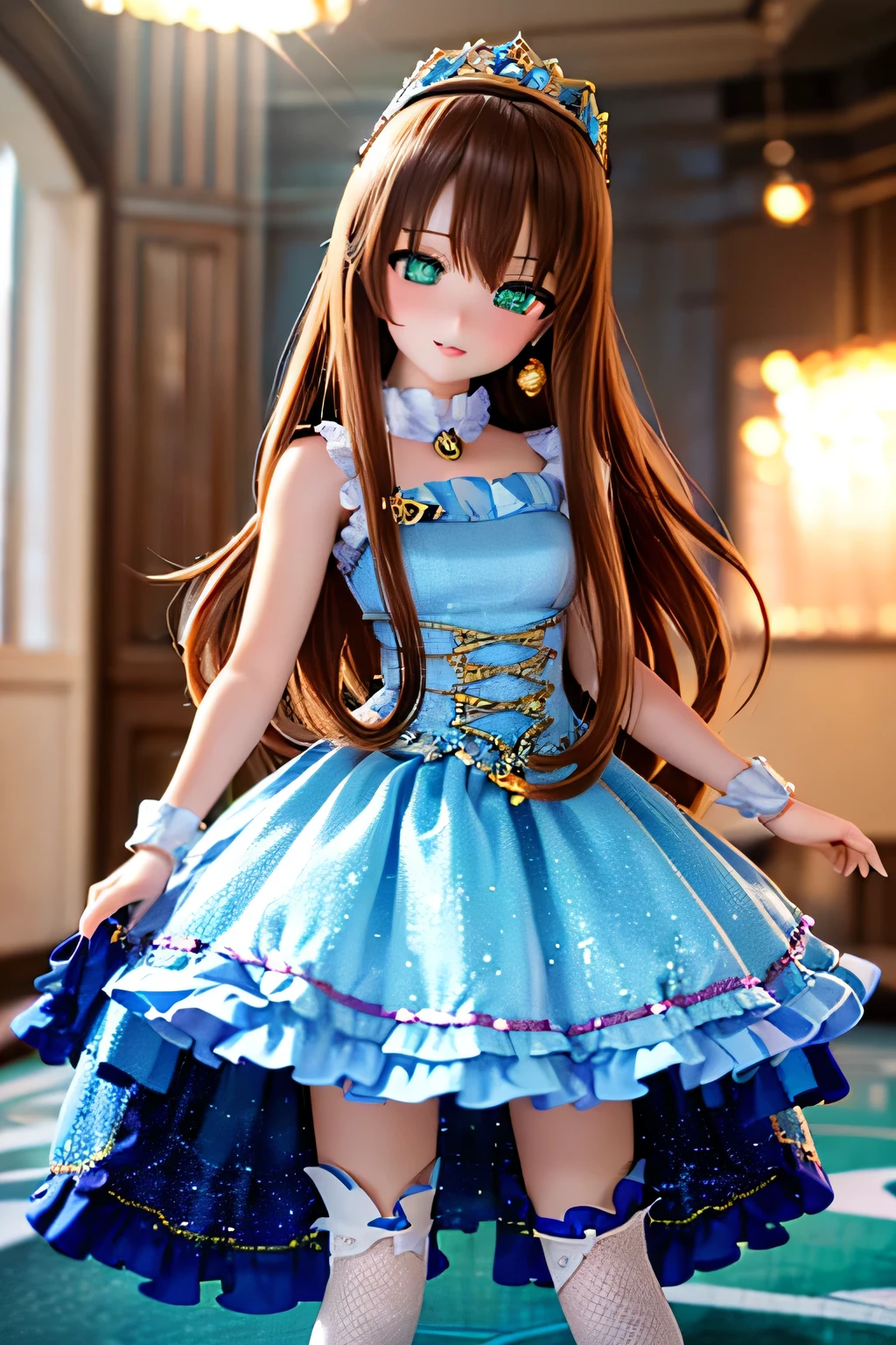 (SFW:2), photorealistic, realistic photo, 8k, Canon EOS, ((highest quality)), ((masterpiece)), (extremely detailed), dd, doll, idol dress, head tilt, (mature woman, 19yo, 19 years old, solo, ballroom:1.6), (from front, curtsy, tiara, brown hair, long hair, idol dress, thigh highs, smile, parted lips, empty eyes, blank stares, green eyes, glass eyes, shining eyes, looking at viewer, detailed face:1.3)