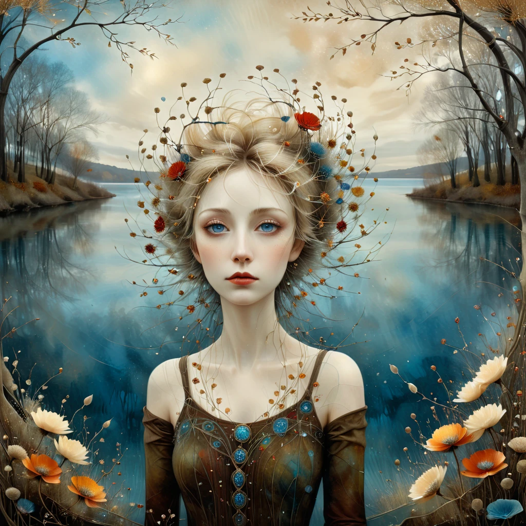 oil and acrylic painting. In the style of Andy Kehoe and Tracy Grimwood, Catrin Welz-Stein, Klimt.  Blue-eyed blonde woman waiting to get on a ferry on the shore of a lake in autumn afternoon. Twisted trees, branches are transparent blown glass expanding skyward in ellipses. Dandelion blossoms, poppies, pampas grass, cherry blossoms, dried flowers bloom. Disc-shaped polychrome sun buds with marbled spirals, sunbeams like strands of coral, vitrified ambers. Warm colors, ochre yellows, browns, shades of blue, reds.
