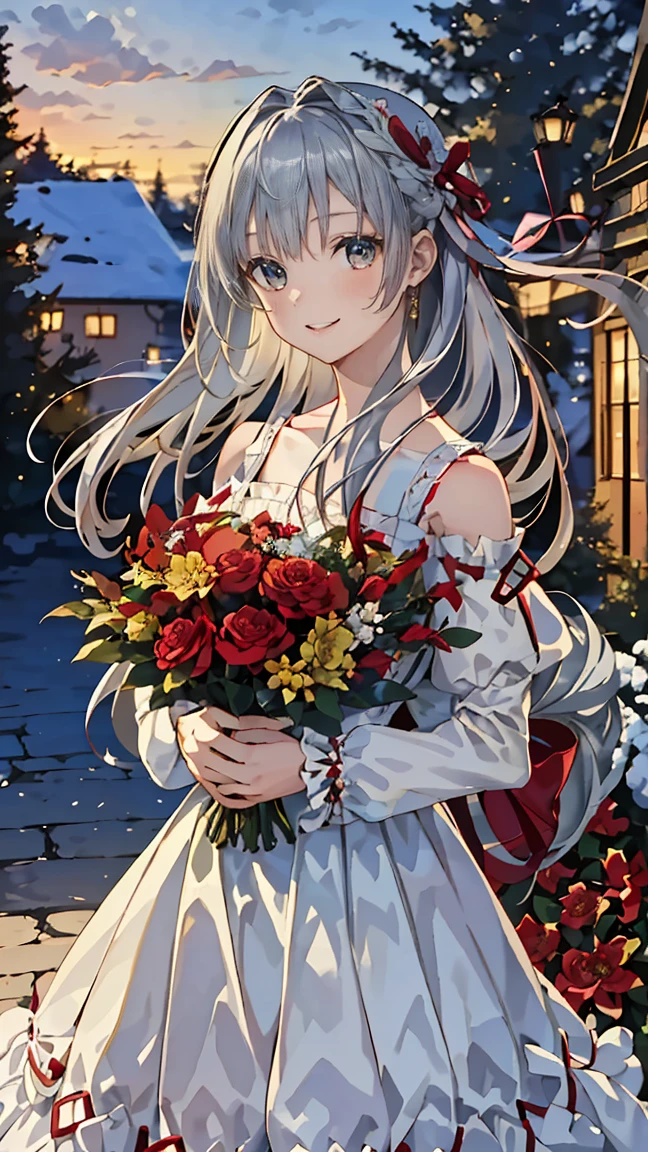 (​masterpiece、top-quality、illustratio、Extremely high quality、high-level image quality、Extremely sensitive writing)Girl with long silver hair standing in beautiful flowery garden、A slight smile、She has a large bouquet、Cute national costume style dress with ruffles on the shoulders、Hair fluttering in the wind, asuna yuuki, winter, Christmas