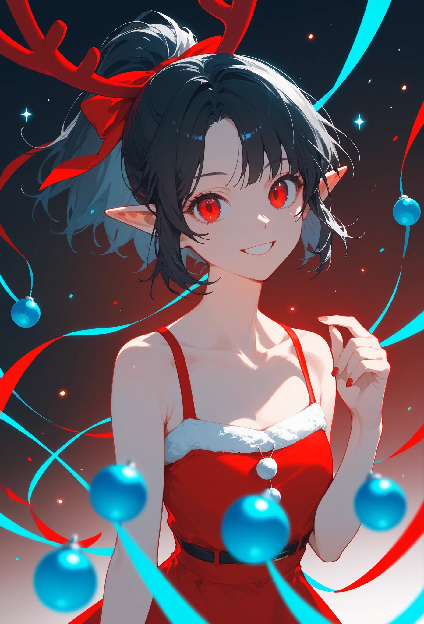 score_9, score_8_up, score_7_up, score_6_up, score_5_up, score_4_up, source_anime, (medium shot), 1girl, solo, smiling, red eyes, black hair, (short hair, ponytail), red sundress, pointy ears, high-key light, vibrant color, Christmas