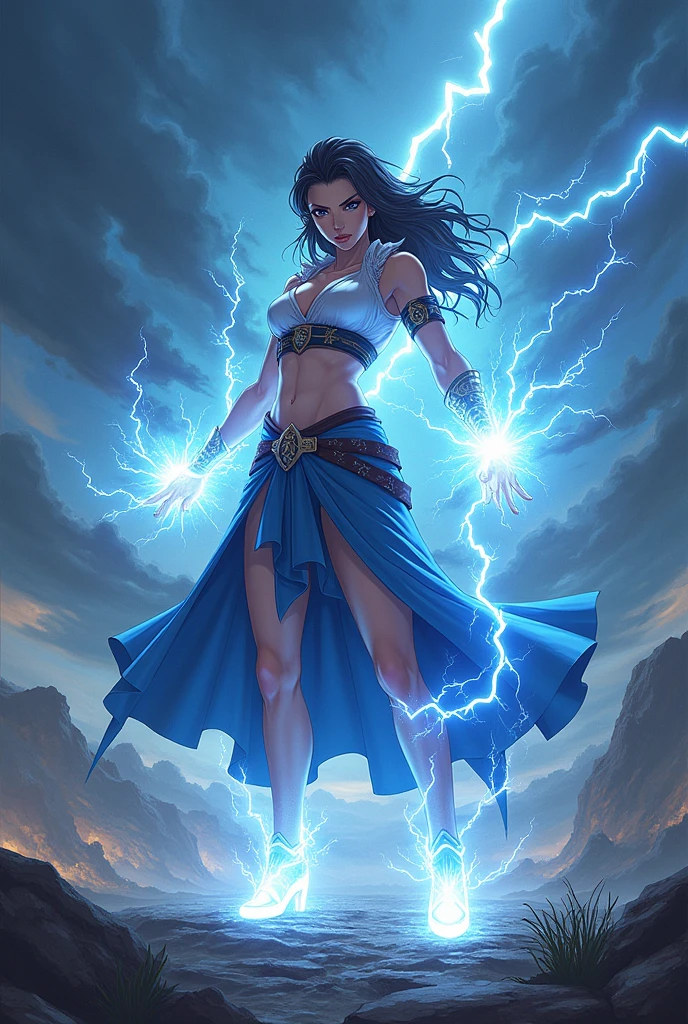 1Beautifulwoman，ff Tifa， X-Men Storm, lightning in hand, a skirt,glowing light eyes