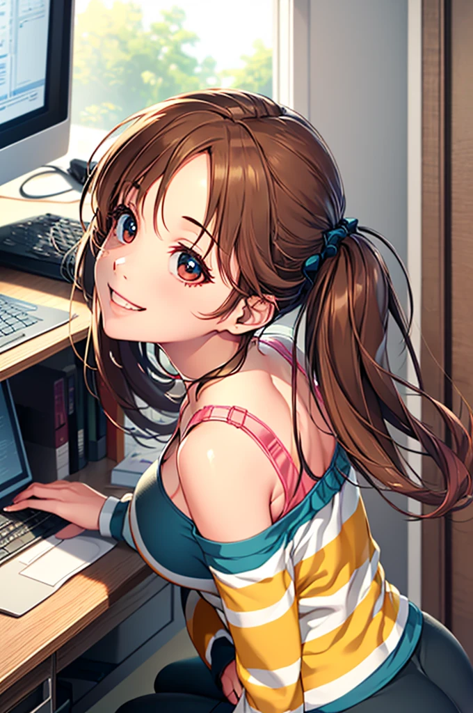 ,(((best quality))),8k,32K,,ultra high resolution:1.2),one girl,beautiful woman,office worker,office room,pc,(((detailed face))),detailed eyes,detailed face,,,(high quality,vibrant colors,studio lighting)(high resolution,ultra high resolution),Brown Hair,big breasts),bad smile,Erotic Anime,crouching,,adult woman,"Pink Panties、,Pink Bra　Wearing pink lingerie　 back view　From below　 low angle　 Twin Tails 