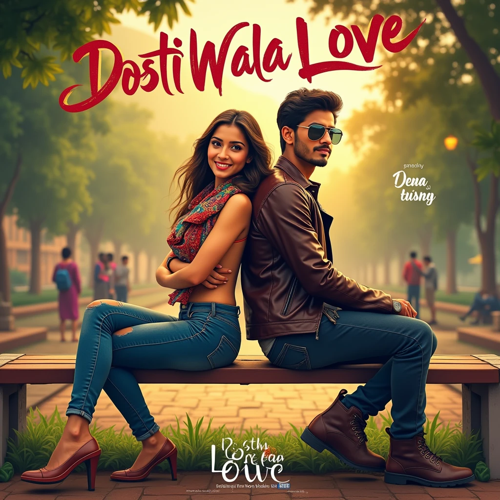 Create a realistic picture of a 22-year beautiful couple sitting on a bench holding each other’s hands. The boy is wearing a kurta and sunglasses, and the girl is wearing a saree and sunglasses. Write the name “Kalrav ❤️ Prakruti” on the background in a heart-shaped neon signboard along with decorations of flowers, roses and balloons