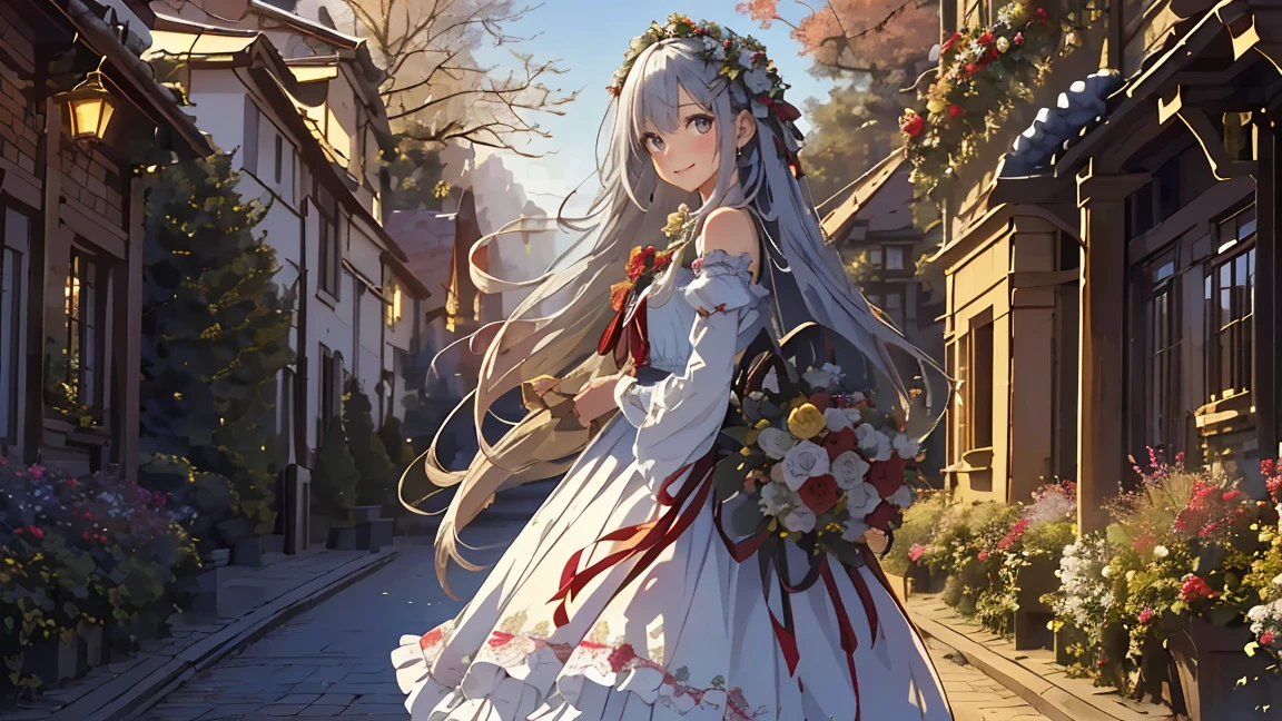 (​masterpiece、top-quality、illustratio、Extremely high quality、high-level image quality、Extremely sensitive writing)Girl with long silver hair standing in beautiful flowery garden、A slight smile、She has a large bouquet、Cute national costume style dress with ruffles on the shoulders、Hair fluttering in the wind, asuna yuuki, winter, Christmas