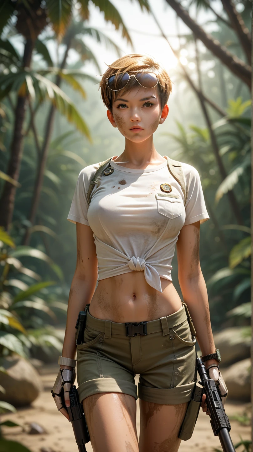 (1girl, anime style, UHD, best quality, depth of field, dramatic lighting, masterpiece:1.5), (adorable mature face, serious expression, statuesque sexy body, short pixie cut hair, thick golden hair, tan skin, dirty muddy skin, detailed skin textures, anatomically correct:1). woman cyborg as a bounty hunter, shirt and short pants, combat gears, military watch, ray-ban sunglasses, weapon, dynamic composition, jungle background