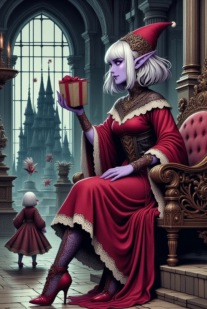 (Ultra-detailed face, Looking away, Fantasy Illustration with Gothic, Dark tone colors. Perspective looking up at the queen's throne.), BREAK 
(Christmas Eve night. In the Queen's Room of a huge gothic castle made of gears, pipes and glass. Next to a throne on a dais, a dark elf queen in a Santa Claus-style red dress smiles coldly and reaches out to hand you a box of Christmas presents with a large ribbon. Elves fluttering on tiny wings flit about among the queen, sprinkling light dust, and attendants and maids of honor dressed in medieval European-style costumes stand in line by the wall.), BREAK 
(A young dark elf queen with white hair, white eyebrows, blunt bangs, waist-length long messy hair, lavender glowing eyes, small pink lips, dark purple skin, and thick eyeliner.), BREAK 
(The dark elf queen wears a Santa Claus hat with gears, a Santa Claus-style dress of crimson transparent fabric with gold trim and silver lace ruffles over a gears, pipes, and glass body, a wide jet-black sash with gold trim around her waist, and an archaic dagger at her hip. High, braided ribbons like flames. She wears heels.), BREAK 
(The building and all the furniture in the room are made of gears and pipes and glass machines and magical contraptions. A view of the audience chamber of the queen of the elemental chaos world.)