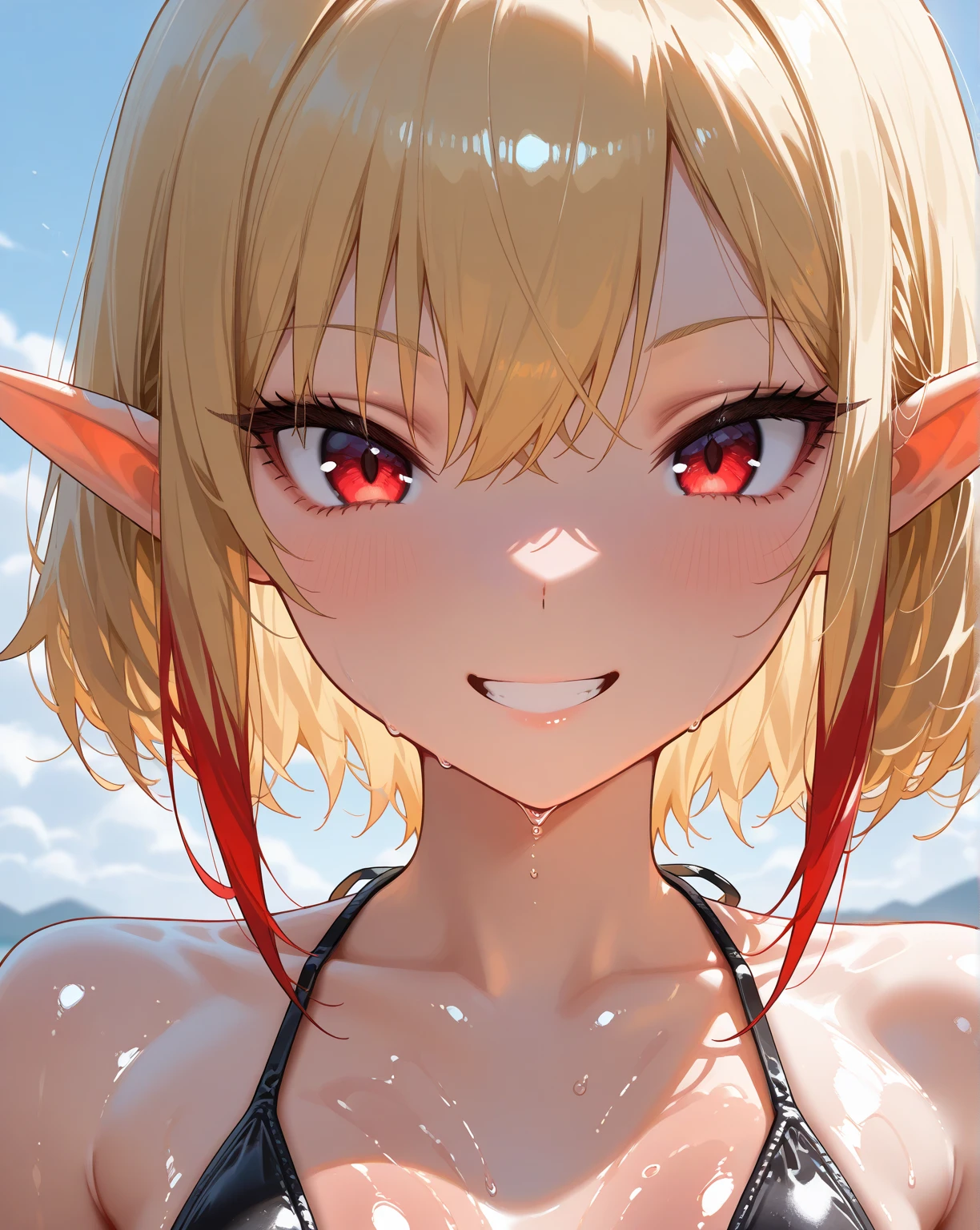 ultra-detailed, full-length, 1girl:1.4, solo, elf, elf ears, (beautiful face), portrait:1.43, (focusing on face), detailed eyes, (Ideal body proportions), ((Composition from head to thigh)), black bikini suit, Drenched shortcut blond hair, (scarlet clear red eyes, tsurime), The erection, Carmelto, Sexy body, grin smile, short-hair, blond hair with burgundy tips of hair, burgundy ends of hair, shiny skin, oiled skin, slenderness, Small buttocks, Beautiful legs, Skinny Legs, One-person viewpoint, masterpiece, ((Anatomically correct)), (portrait:1.4), (((close-up))), (focusing on eyes)