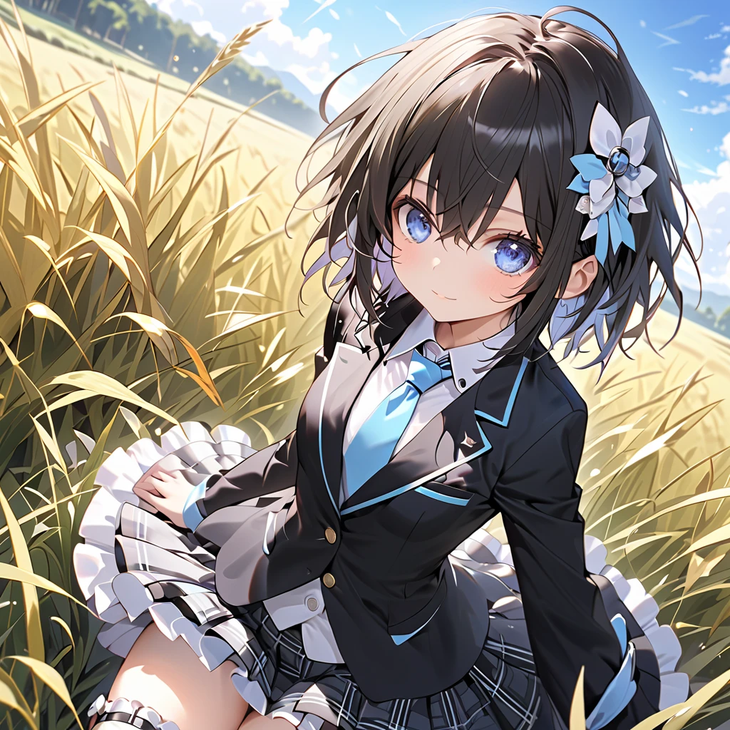 blanc \(Neptunia )\, black hair, blue eyes, short hair, small breasts, narrow waist, wide hips, (Black blazer:1.5)、(Regular necktie:1.5)、( black plaid mini skirt:1.5)、(Thighs),(bridal garter:1.５),grassland、blue sky、 cowboy shot 、 ( perfect anatomy ),( best quality), ( ultra hi-res), (  超 high definition ), , ( Highly Detailed CG), (32K), (masterpiece)、eyesHD