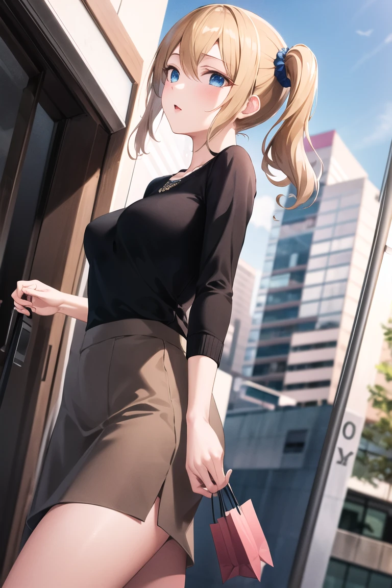 masterpiece, best quality, highres, aahayasaka, side ponytail, medium breasts, necklace, 
brown maxi skirt,old rose Crew neck sweater,sweater tucked out,
outdoors, shopping

