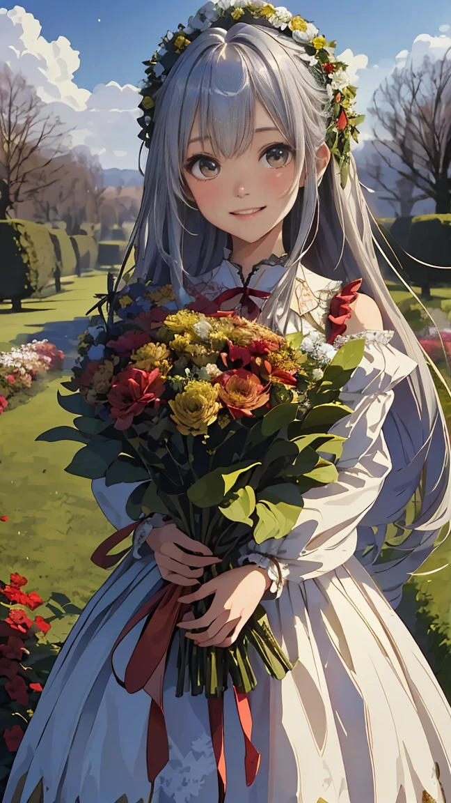 (​masterpiece、top-quality、illustratio、Extremely high quality、high-level image quality、Extremely sensitive writing)Girl with long silver hair standing in beautiful flowery garden、A slight smile、She has a large bouquet、Cute national costume style dress with ruffles on the shoulders、Hair fluttering in the wind, asuna yuuki, winter, Christmas