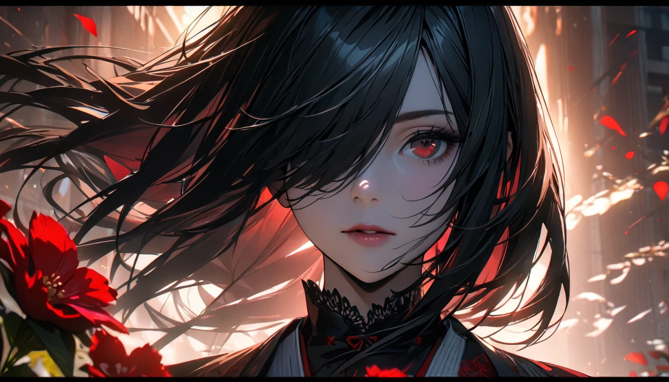 a beautiful young woman, 1 girl, detailed face, twin tails, colorful hair with black roots and red tips, wearing a red shirt with silver patterns, witch's hooded cloak, black leather pants, expressive detailed eyes, collar, jewelry, smile, hyperrealistic, video game rendering effect through ink overlay, white background, blood black shadow overlay effect, shading effect, red dualization effect, bloody ink, liquid ink rendering, hyperrealistic Sumi-e liquid ink painting, high detail, intricate details