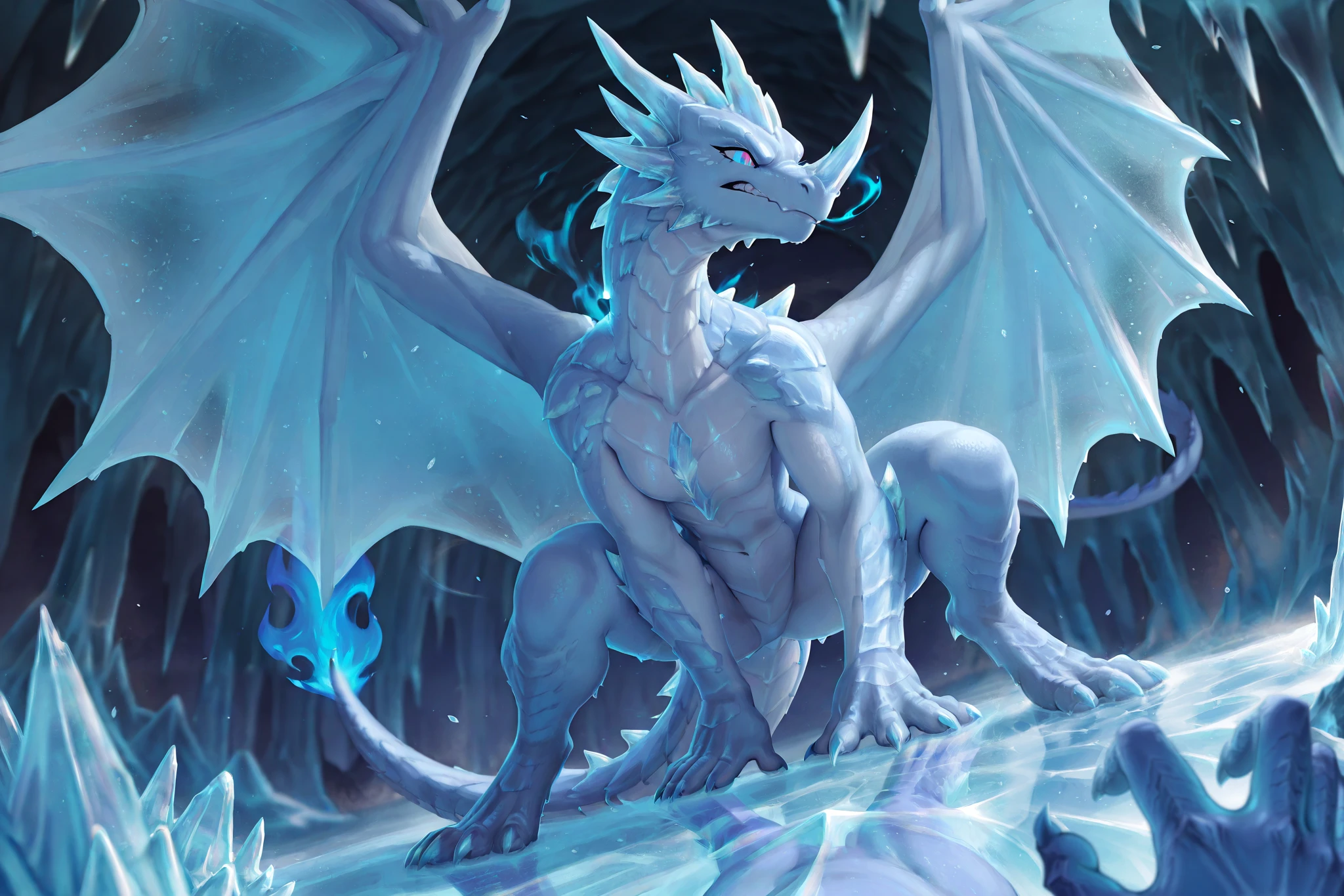 anthro female ice's dragon, Velkhana:1.5, verad:1.5, slim:1.2, cute, blue dragon, a lot of ice, ice:1.3, perfect blue dragon, blue scales like cristals, more ice:1.6, scales=ice, transparent ice, realistic ice:1.4, claws, scales, perfect scales texture, detailed eyes, vivid eyes, perfect ice wings, made of ice, perfect hands, bare feet, perfect eyes, detailed, angry expression:1.3, blue flame's breath, flaming body(feral runs like a kickboxer) on profile, focus on one feet:1.2frosted cave, full of ice, stom of ice's shards char1 posture background, breathtaking, trending, masterpiece, professional illustration,4k, lineless:1.3, sdxl:1.2, by hioshiru:0.2, by meesh:0.1, by iskra:0.3, dramatic pov, perfect prospective, dark tone:1.4, horor's colors, mid-up pov, floating flue flames, blue flames, flames:1.5 , (anthro:0.1)