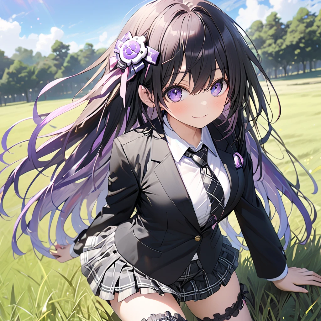 Nepgear, d-pad hair ornament,smile, black hair,(Black blazer:1.5)、(Regular necktie:1.5)、( black plaid mini skirt:1.5)、(Thighs),(bridal garter:1.５),grassland、blue sky、 cowboy shot 、 ( perfect anatomy ),( best quality), ( ultra hi-res), ( high definition ), , ( Highly Detailed CG), (32K), (masterpiece)、eyesHD