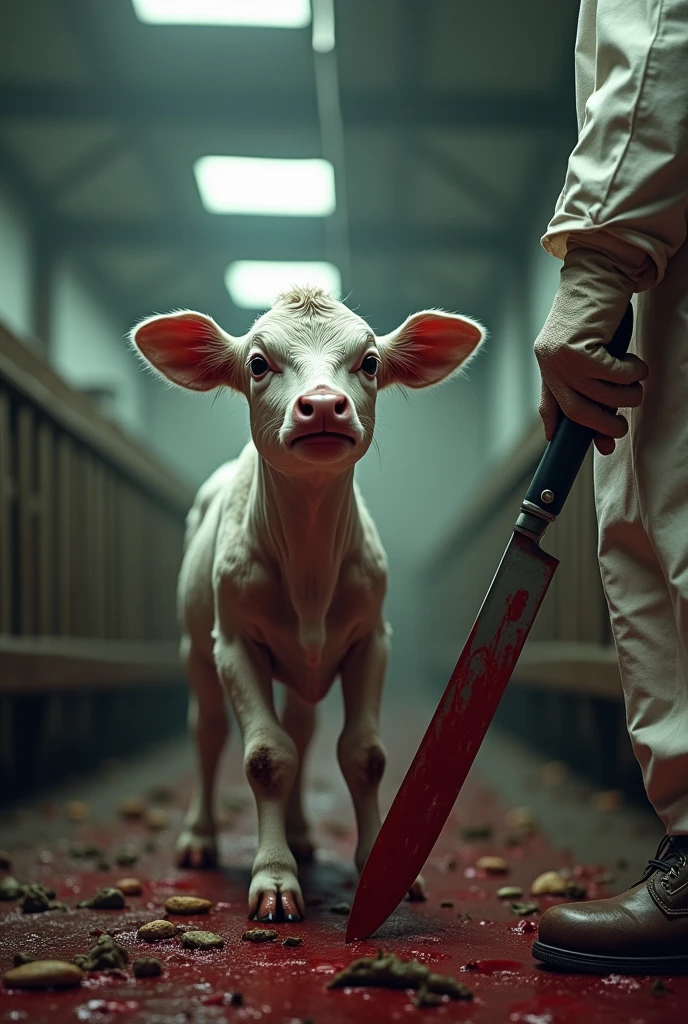 Blood-stained machete in well-lit barn, vaca, cow lying with eyes closed near blood and machete, fazenda, diffuse lighting