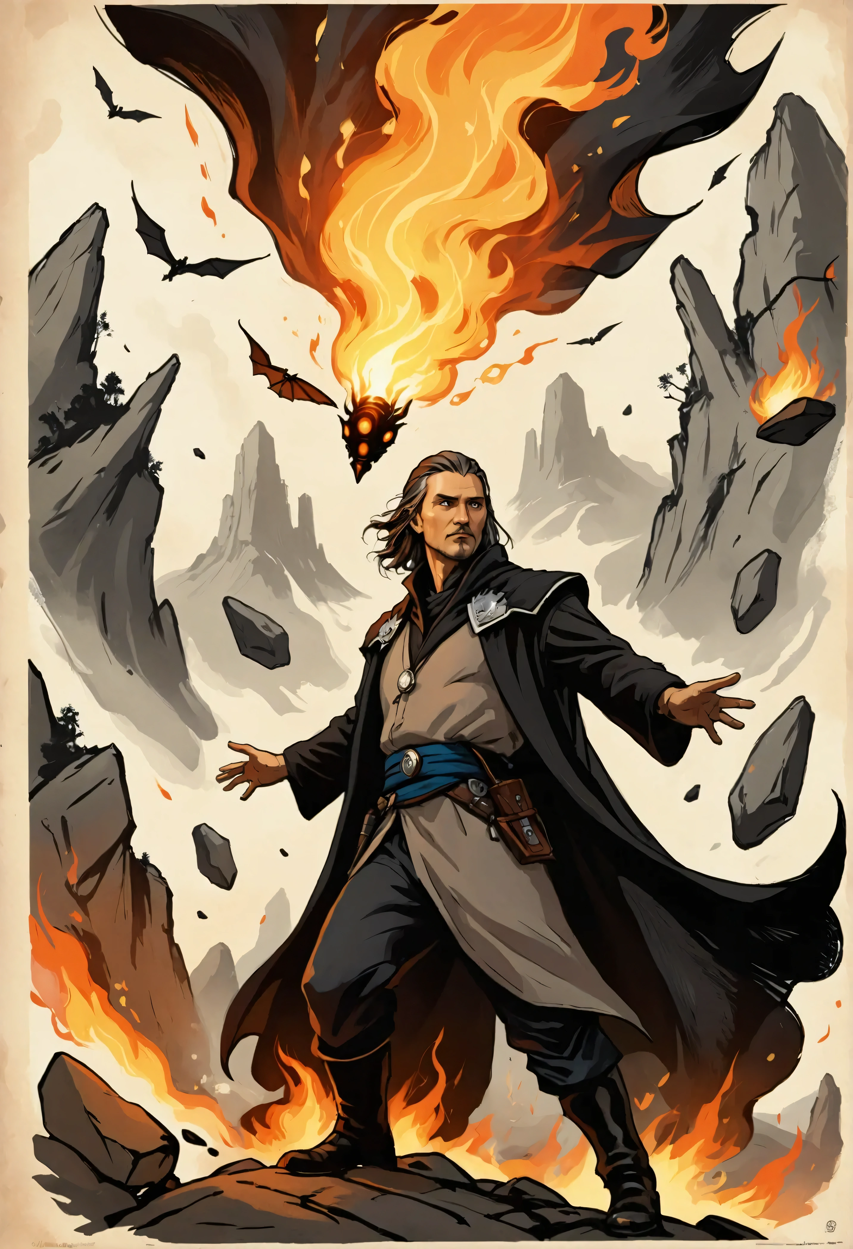search poster , simple sketch on parchment , dark ink painting , detailed facial features , Sci-fi landscape, movie poster , the dark sorcerer hangs in the air , fragments of walls and stones are flying around the magician, a blurred background of fire and smoke, cinematic fortune , masterpiece fails